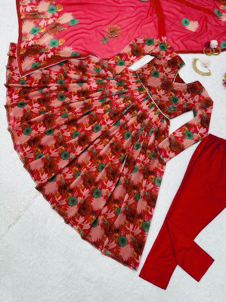 Precious Hand Work Digital Print Red Color Kurti Set