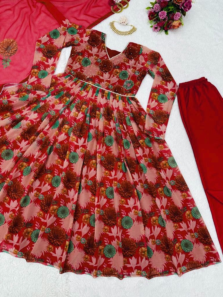 Precious Hand Work Digital Print Red Color Kurti Set