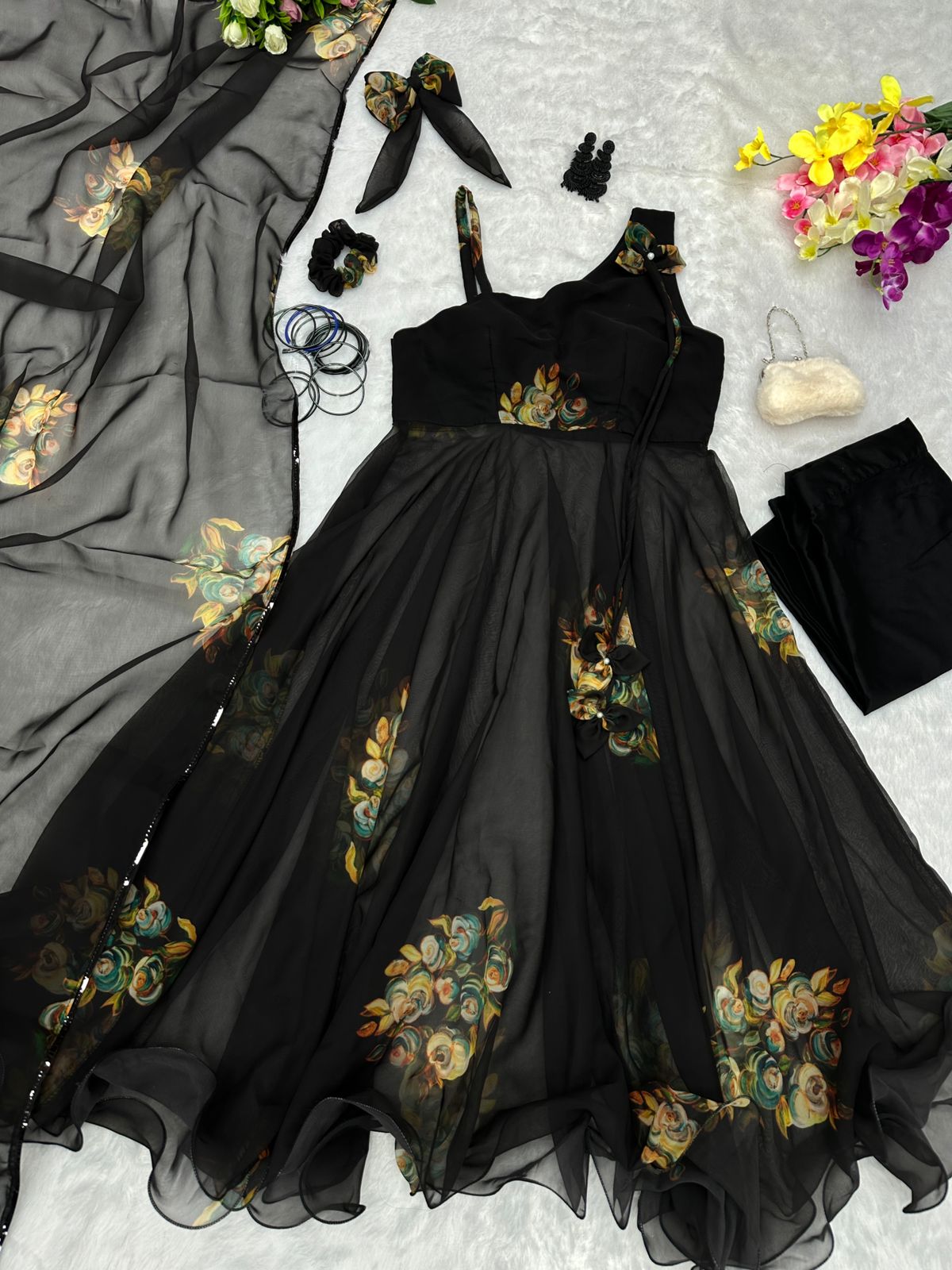 Fantastic Flower Design Print Black Anarkali Suit