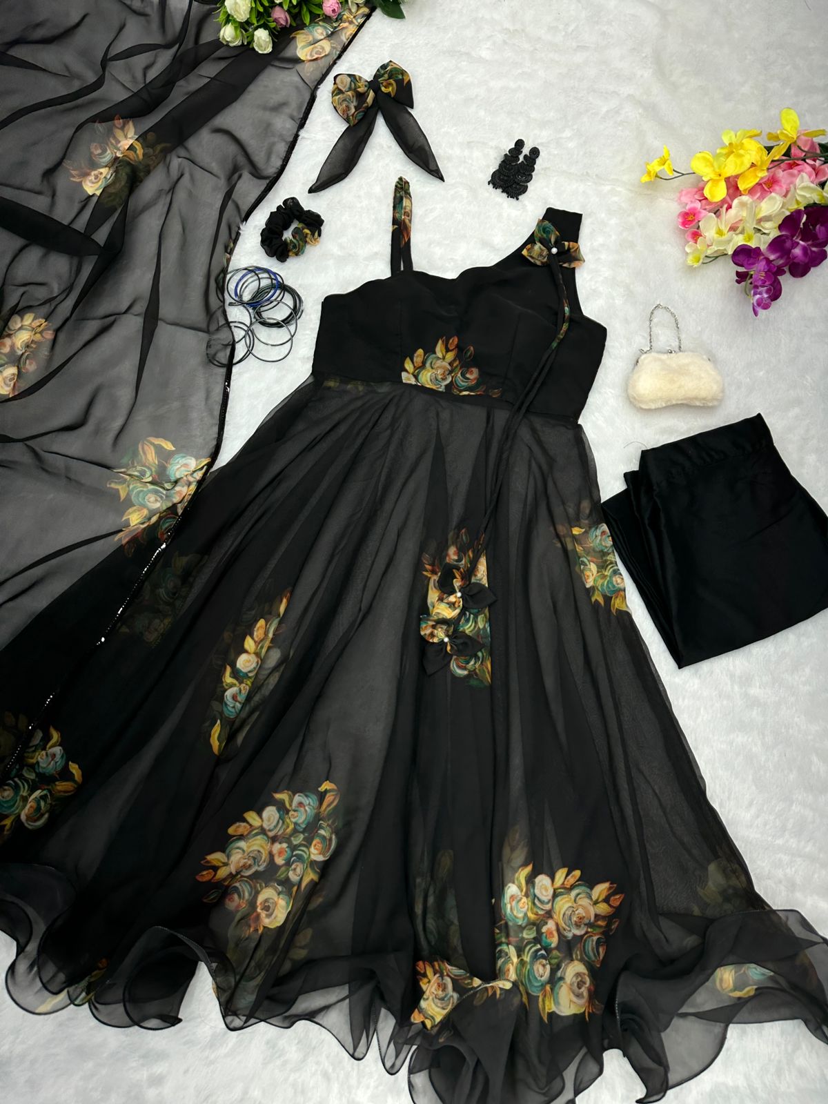 Fantastic Flower Design Print Black Anarkali Suit