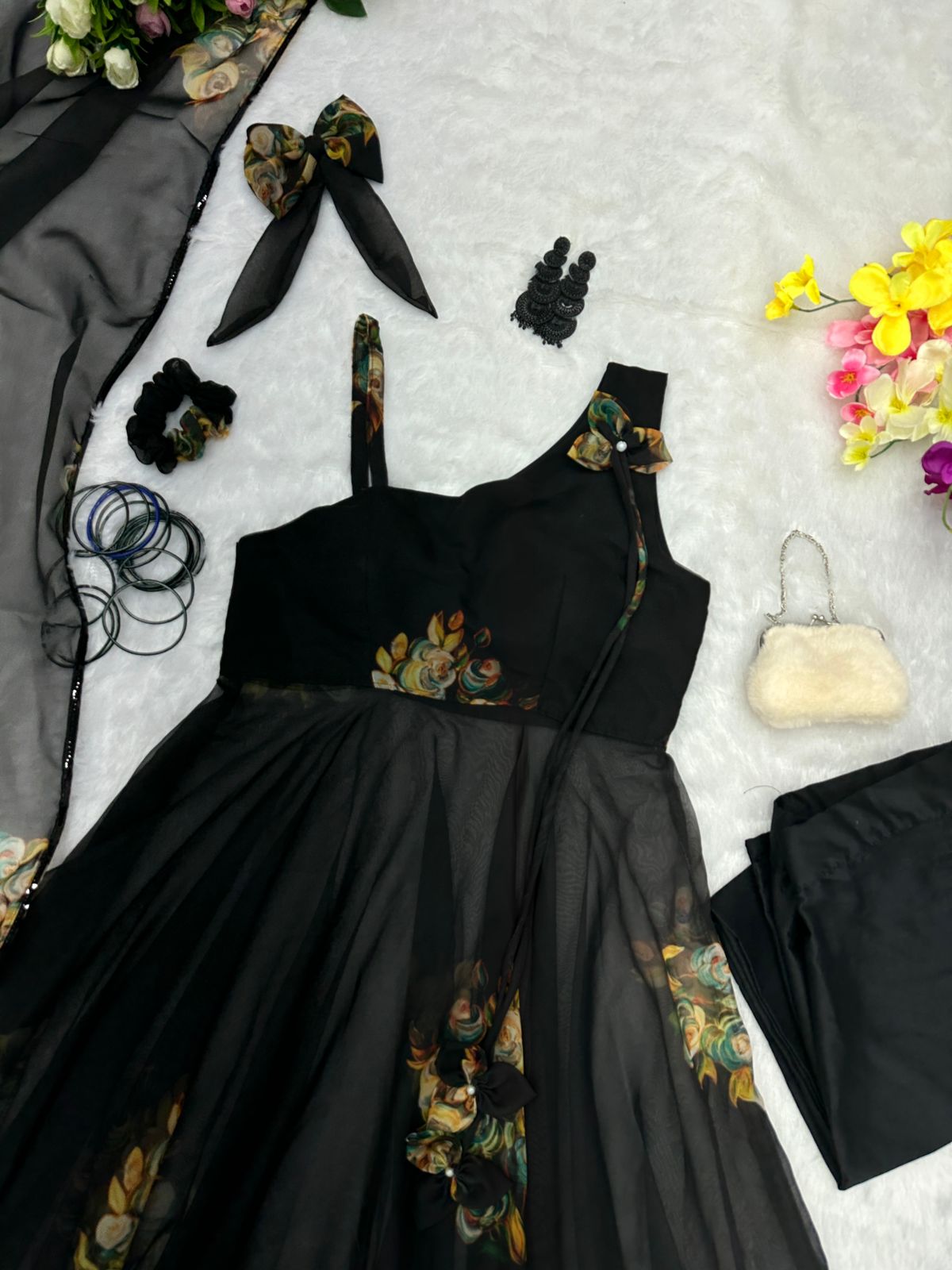 Fantastic Flower Design Print Black Anarkali Suit