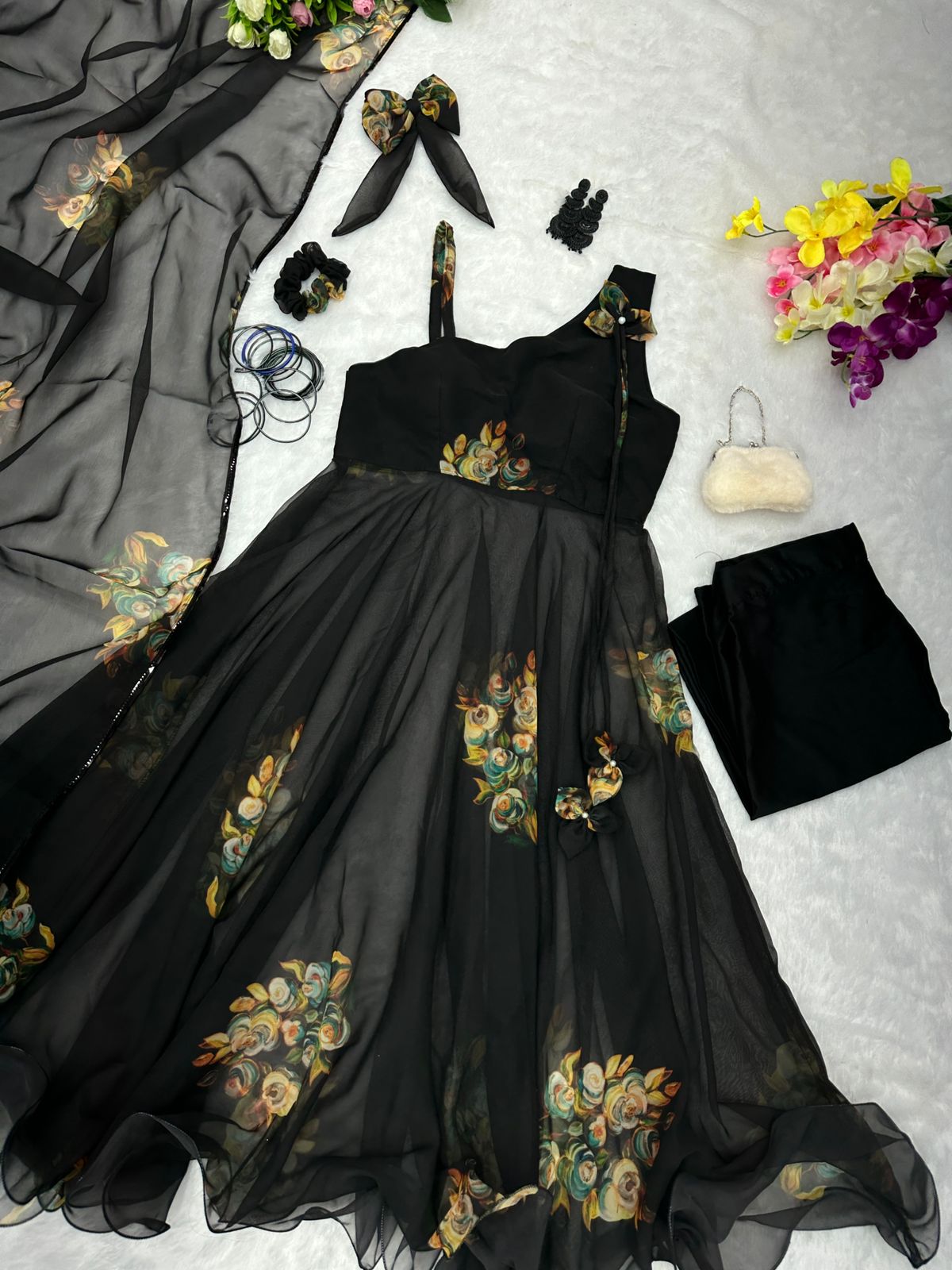 Fantastic Flower Design Print Black Anarkali Suit