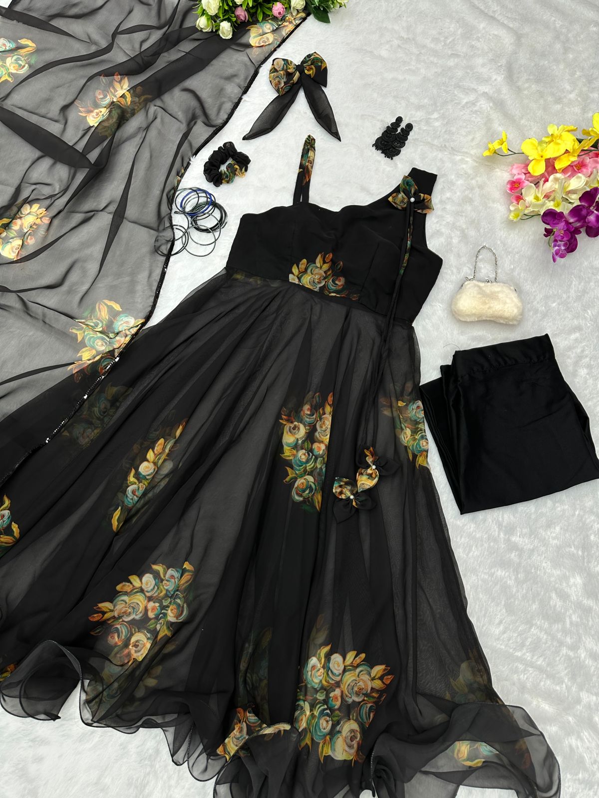 Fantastic Flower Design Print Black Anarkali Suit