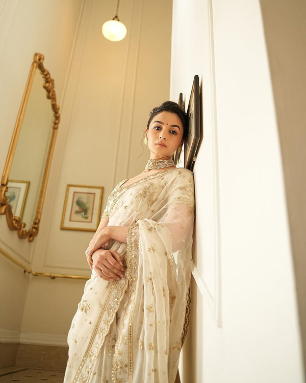 Bollywood Alia Bhatt Wear White Organza Saree