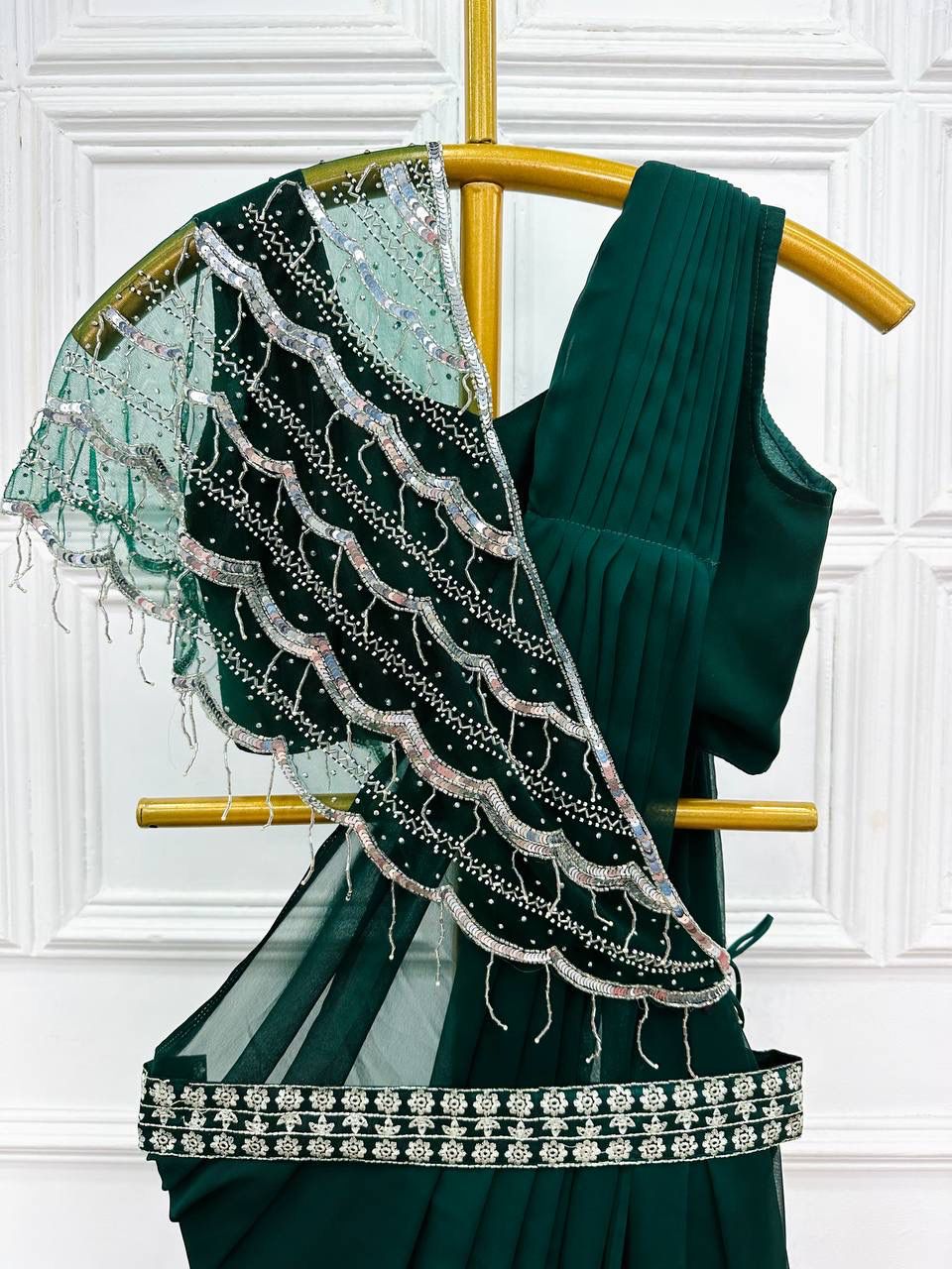 Pretty Ready To Wear Dark Green Saree With Khatli Work Shrug – Amrutamfab