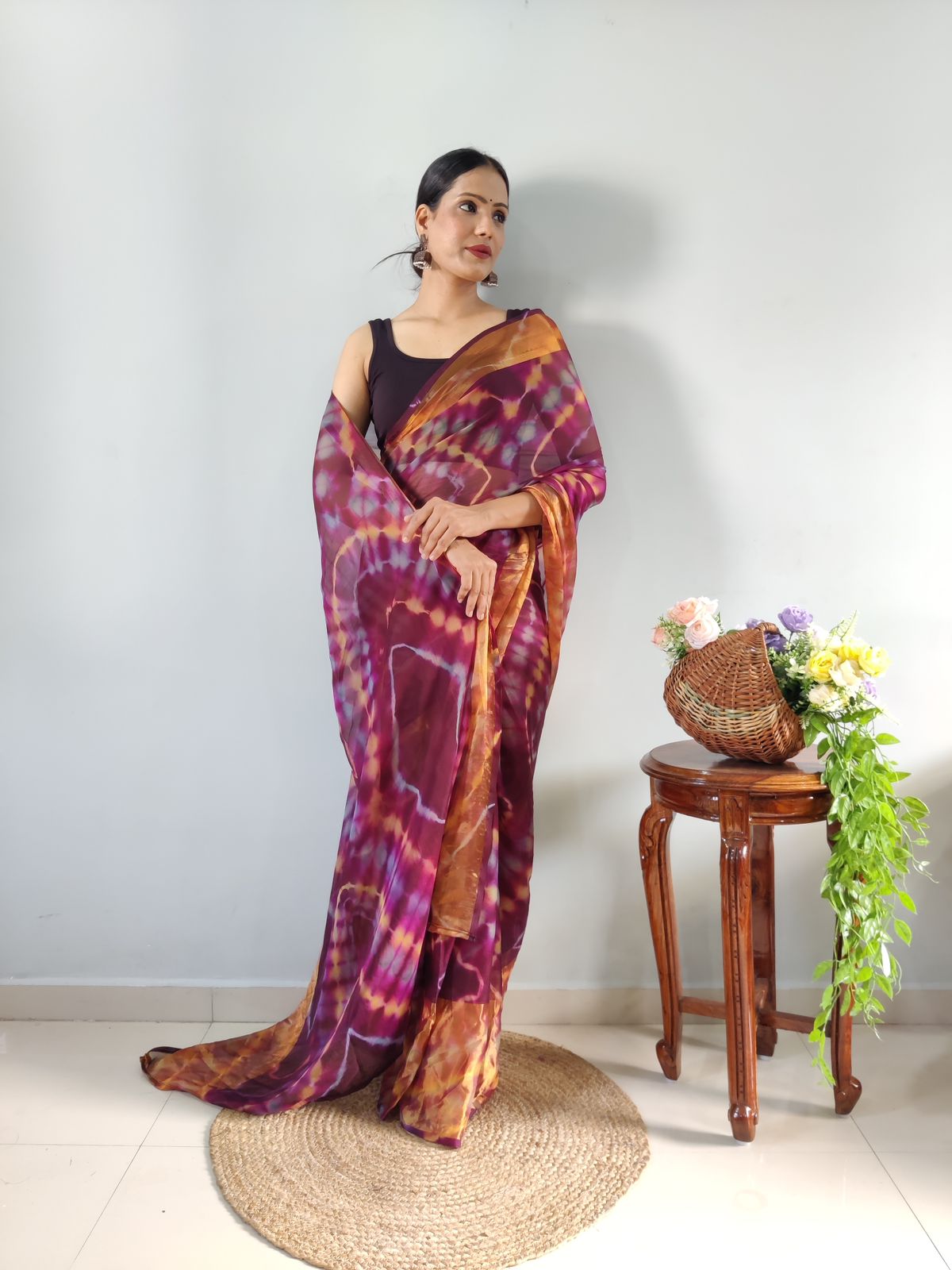 Shibori Print Wine Color Ready To Wear Saree