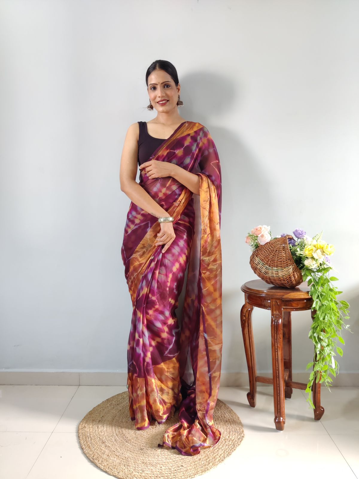 Shibori Print Wine Color Ready To Wear Saree