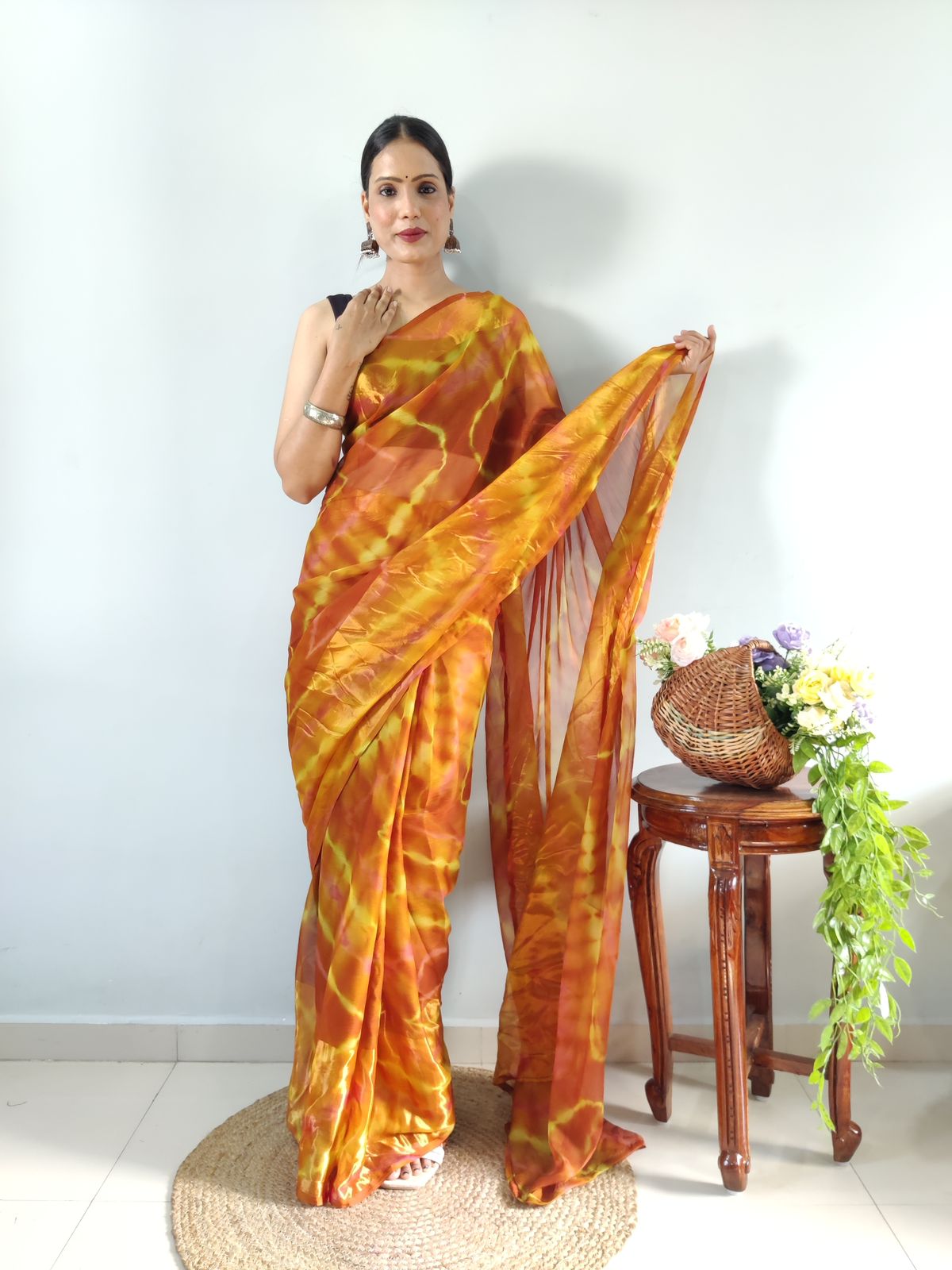 Shibori Print Mustard Color Ready To Wear Saree