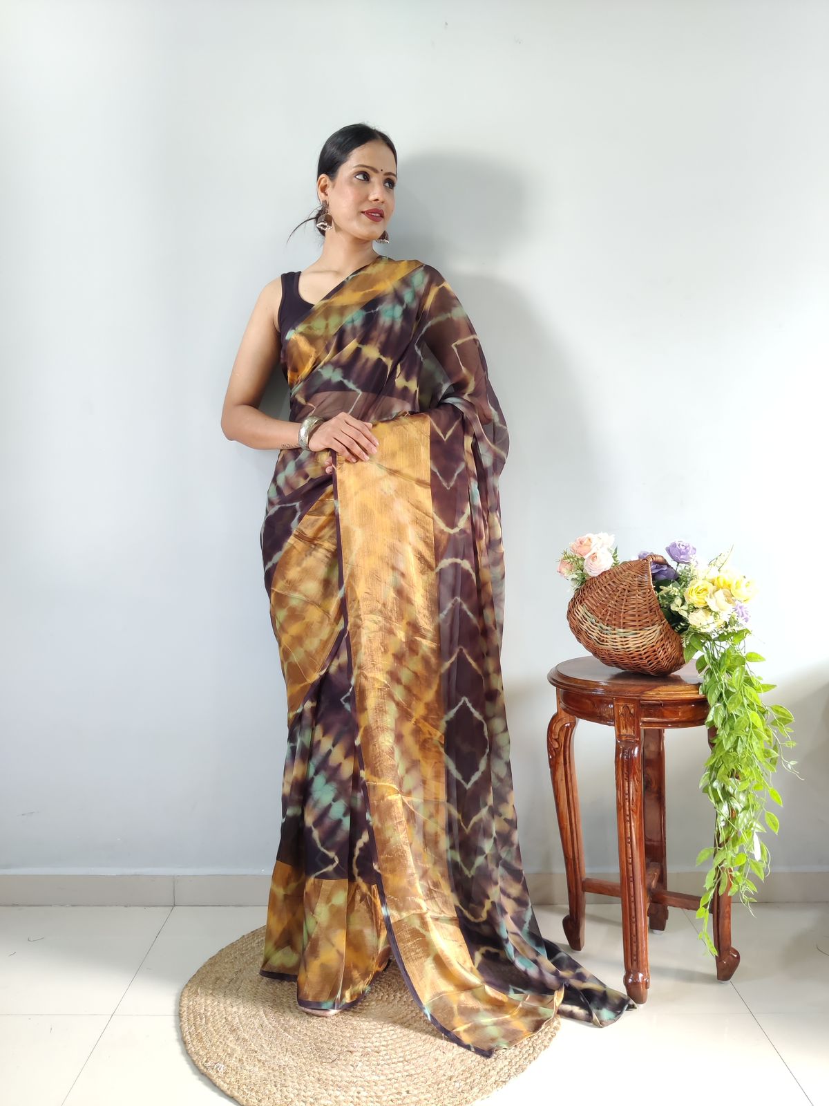 Shibori Print Brown Color Ready To Wear Saree