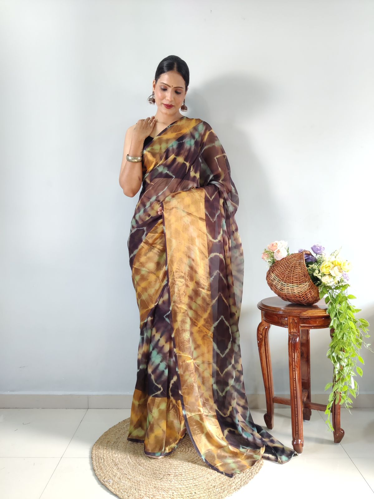 Shibori Print Brown Color Ready To Wear Saree