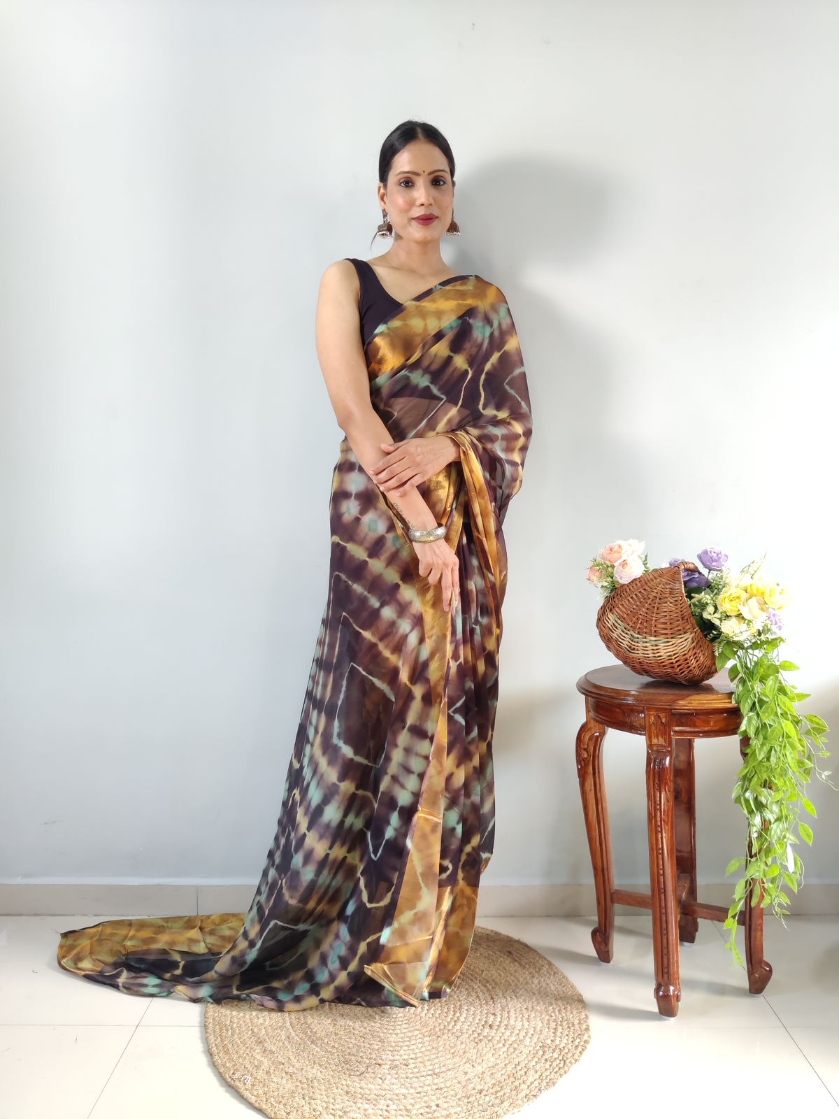 Shibori Print Brown Color Ready To Wear Saree