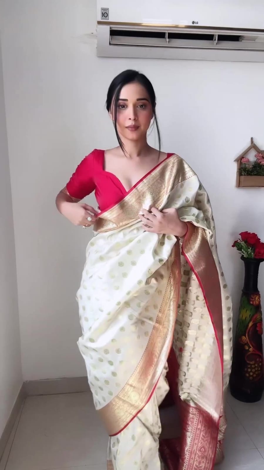 Fantastic Ready To Wear White And Red Color Saree