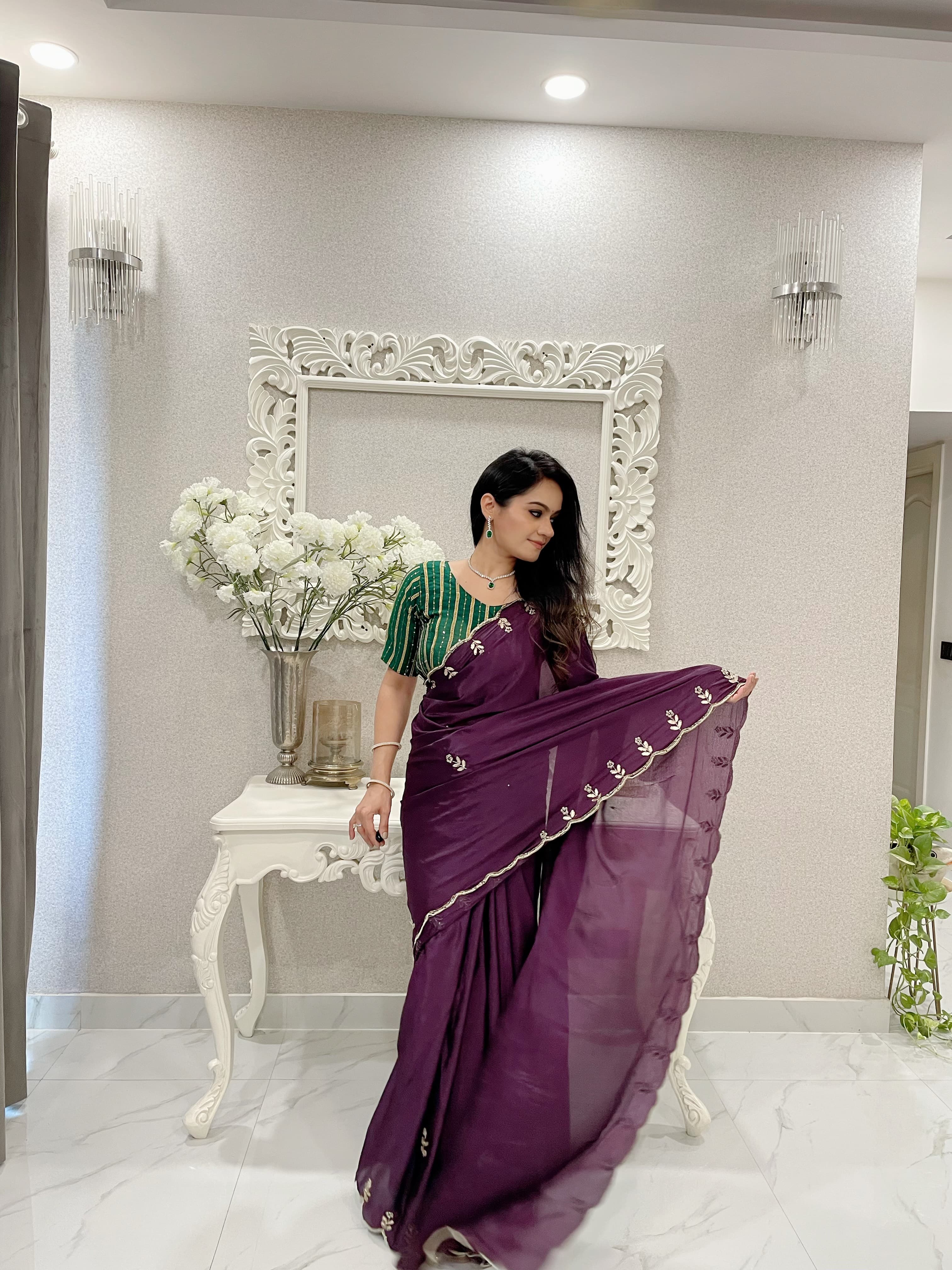 Buy Bollywood Model White color floral organza khatli work saree in UK, USA  and Canada