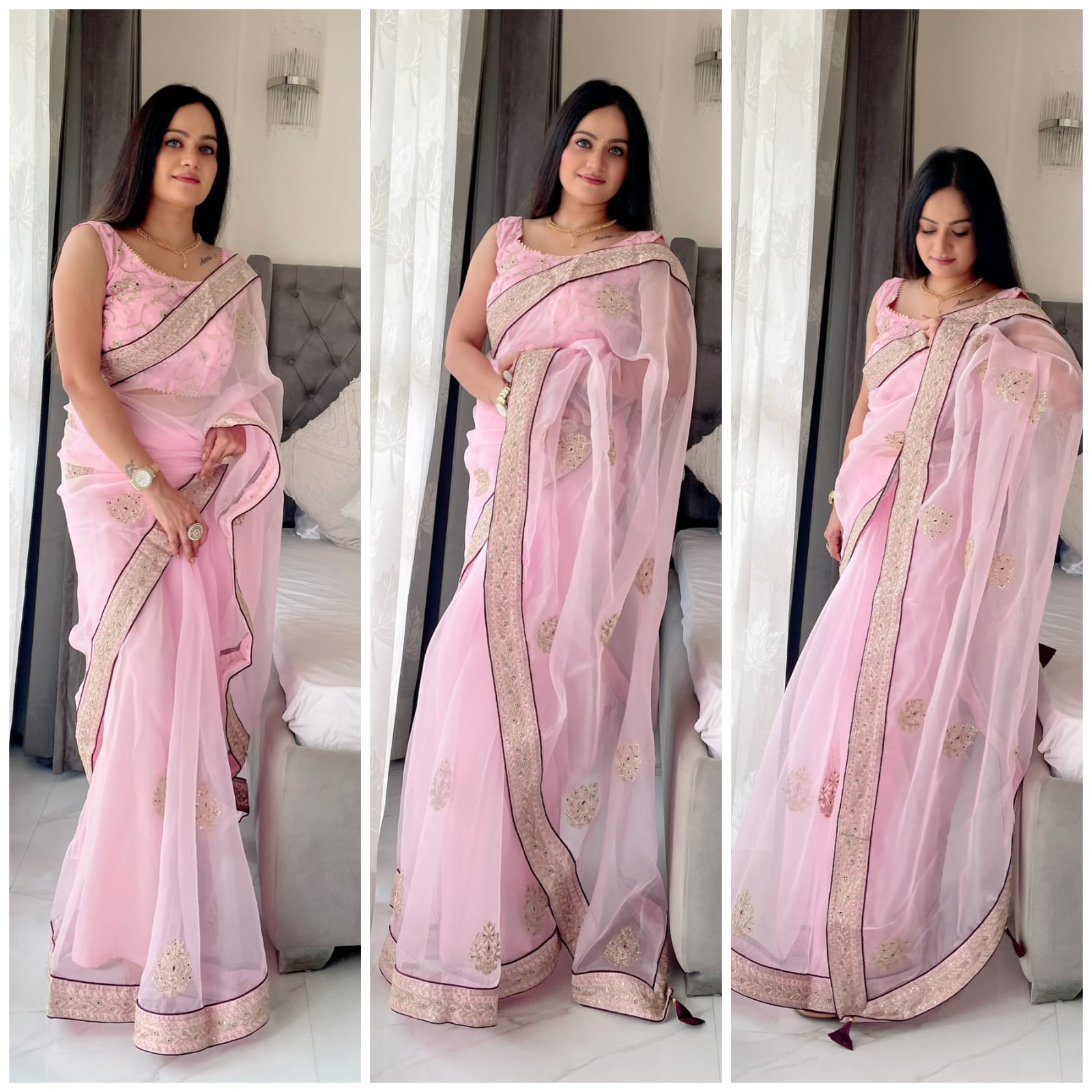 Pretty Light Pink Color  Embroidery Work Organza Saree