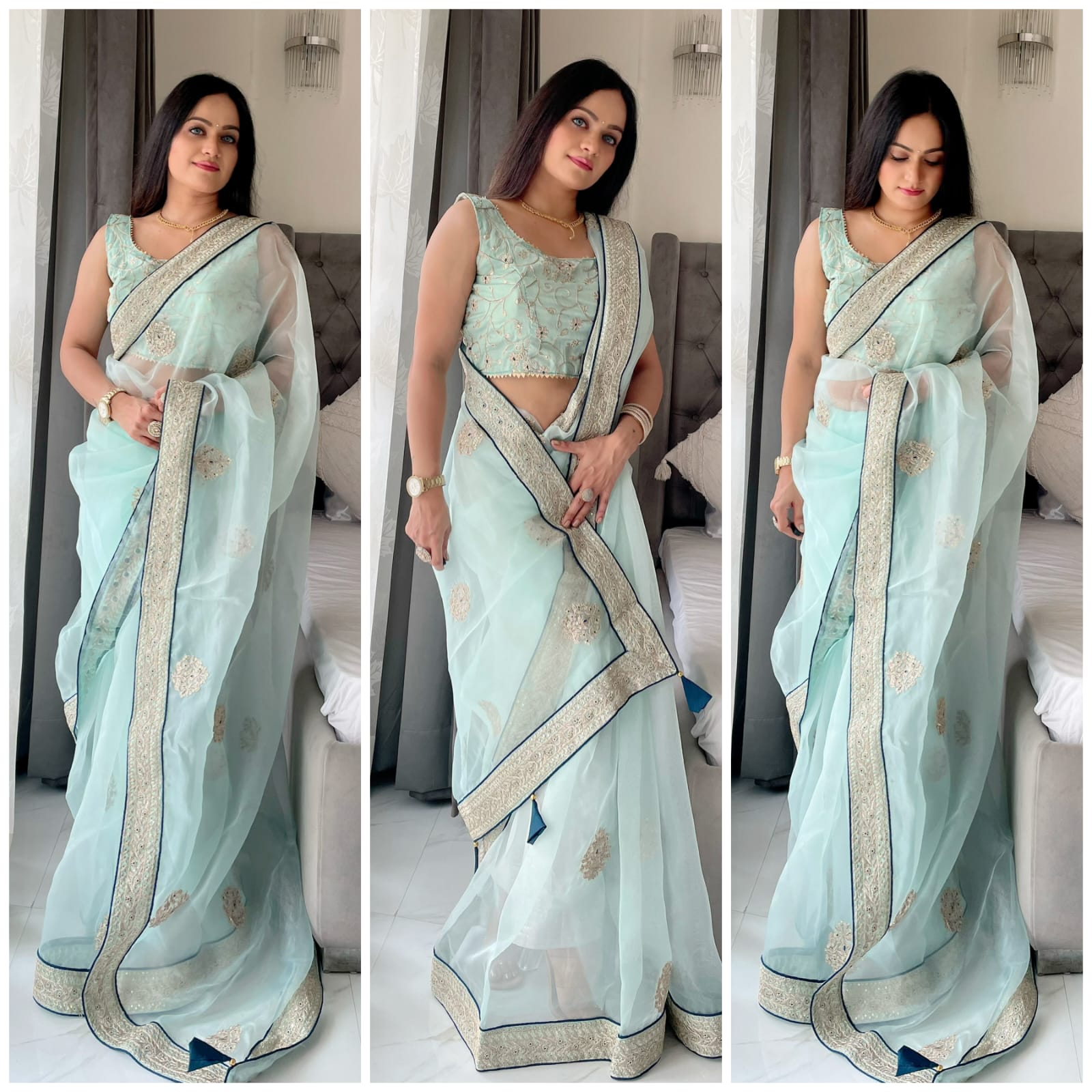 Pretty Sky Blue Color  Embroidery Work Organza Saree