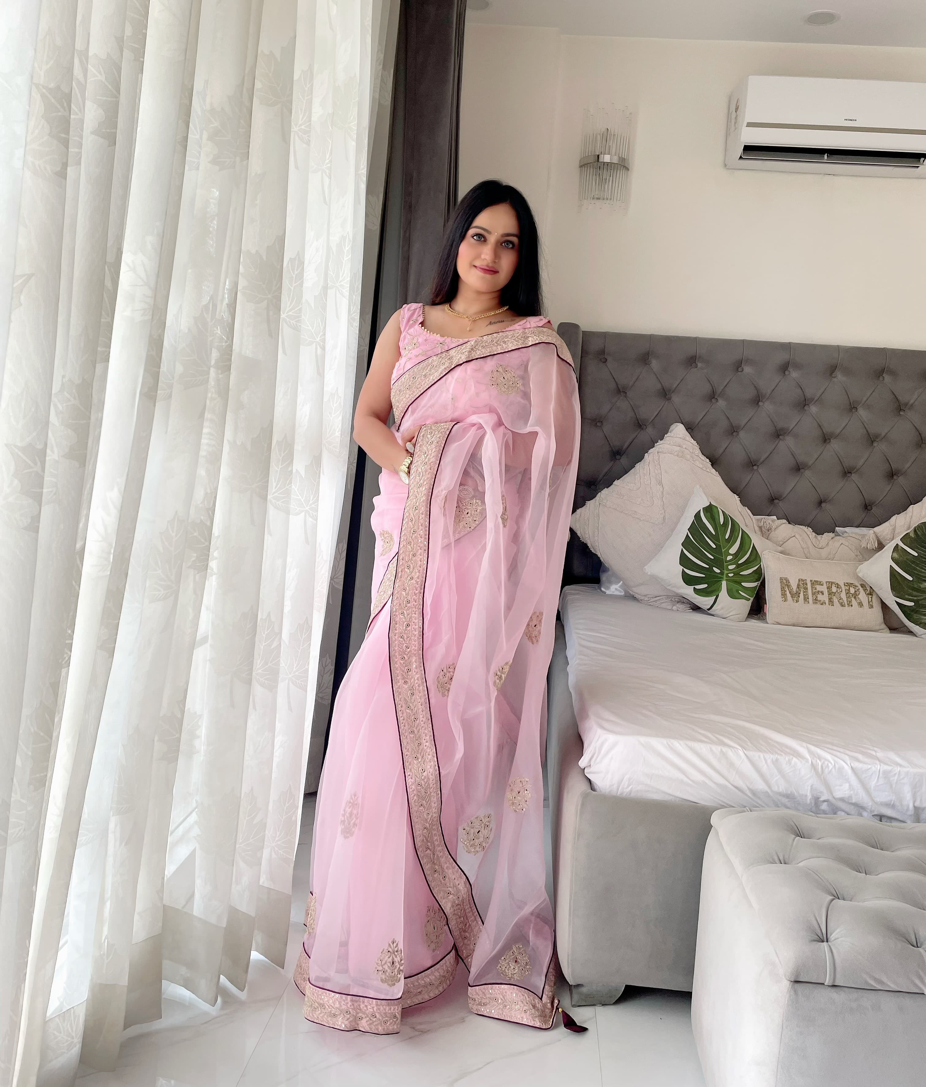 Pretty Light Pink Color  Embroidery Work Organza Saree