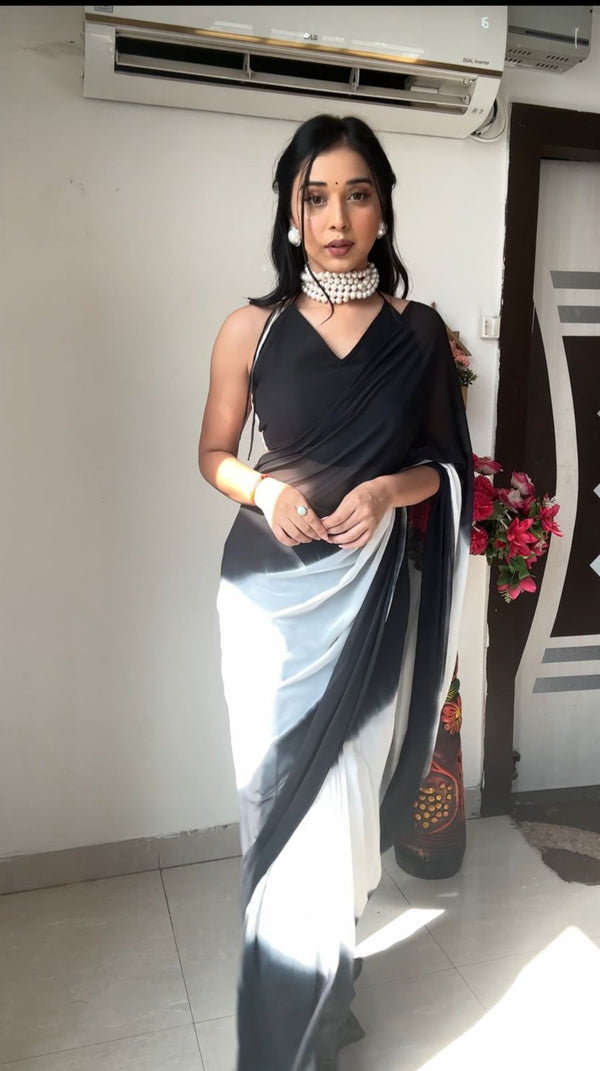 Black And White Color Printed Ready To Wear Saree