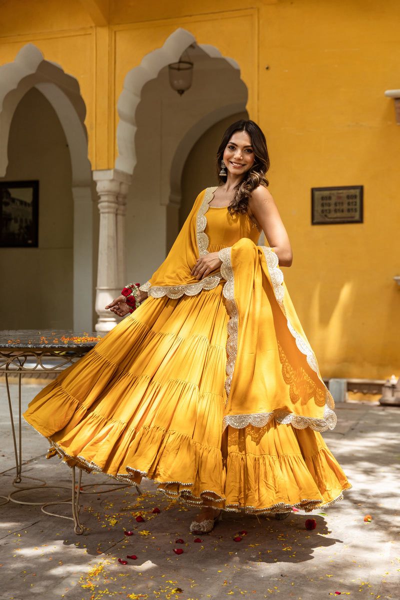 Stylish Ruffle Style Yellow Color Gown With Dupatta