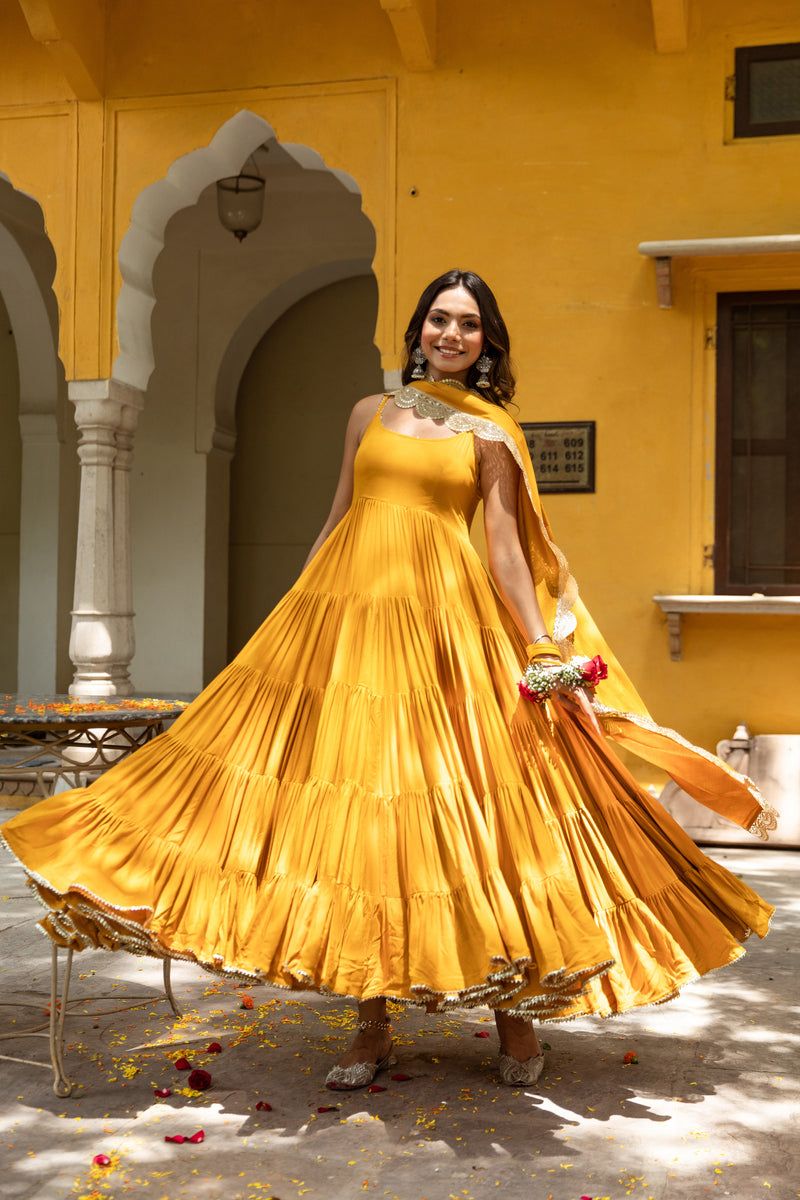 Stylish Ruffle Style Yellow Color Gown With Dupatta