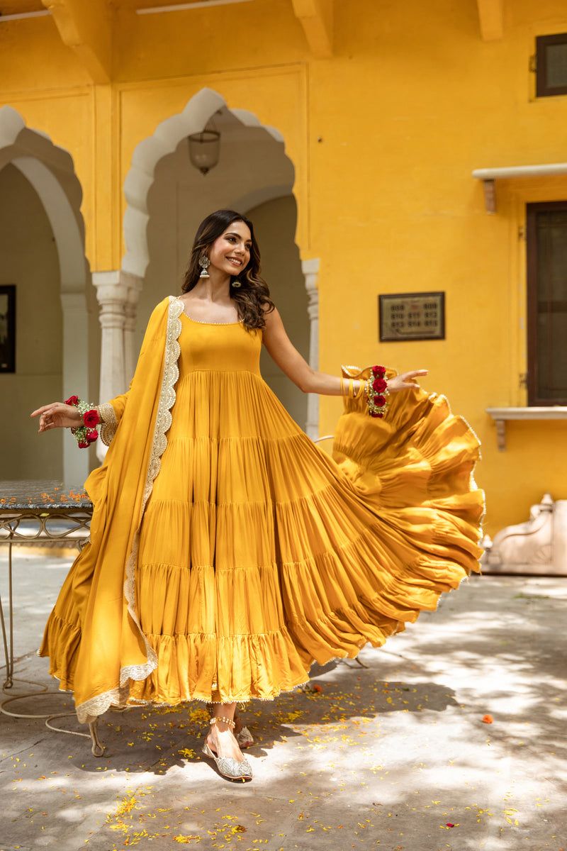 Stylish Ruffle Style Yellow Color Gown With Dupatta