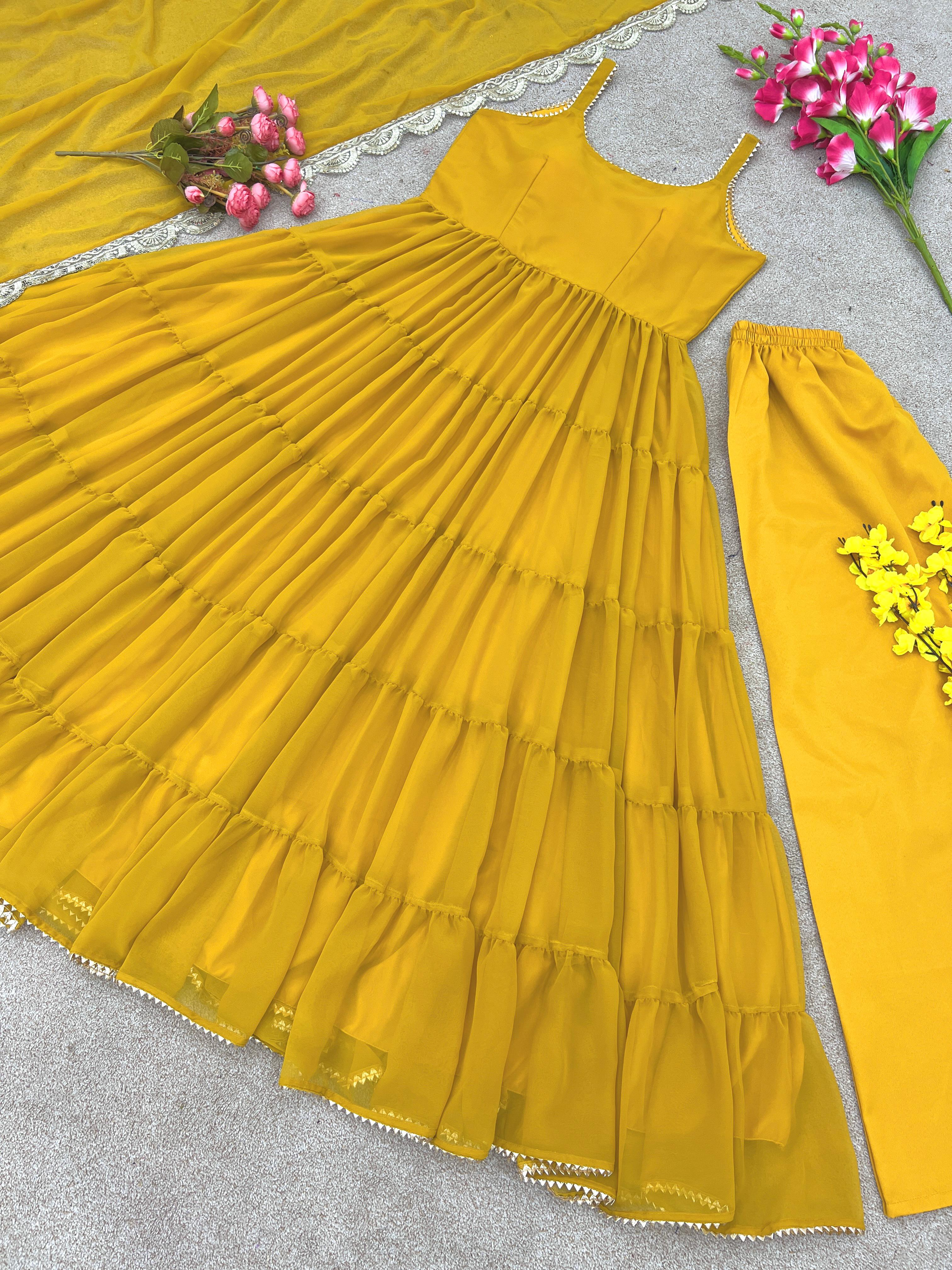 Stylish Ruffle Style Yellow Color Gown With Dupatta