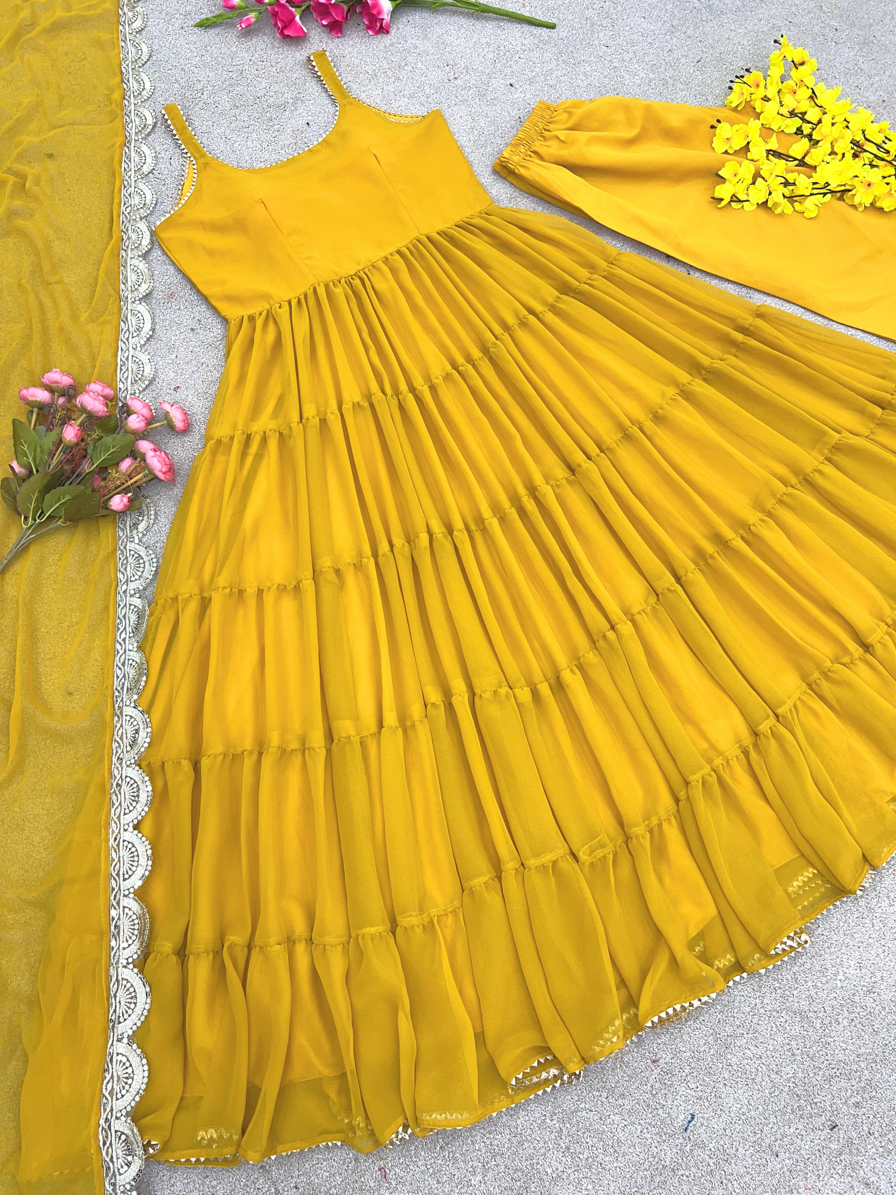 Stylish Ruffle Style Yellow Color Gown With Dupatta