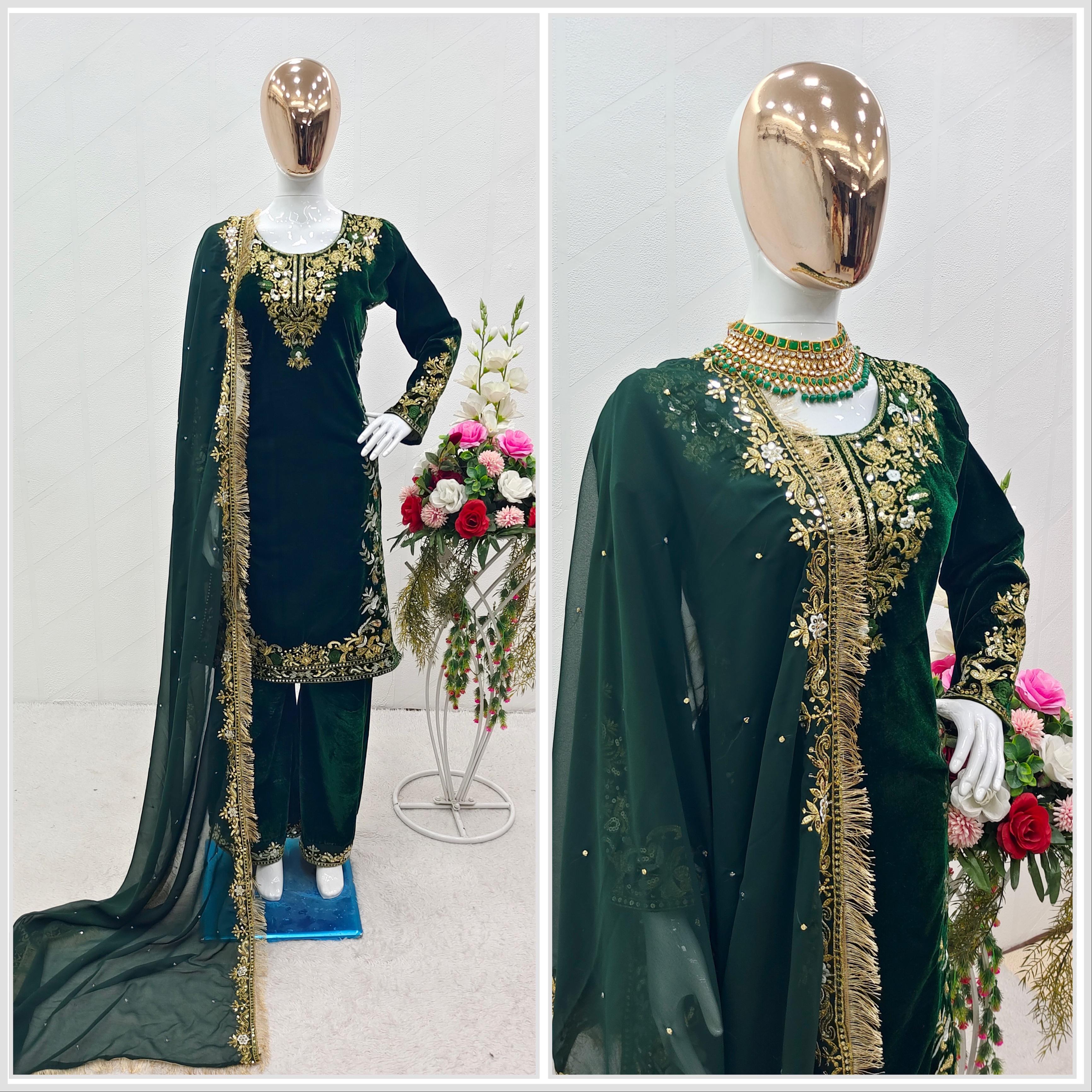 Green Color Heavy Embroidery Work Velvet Palazzo Suit