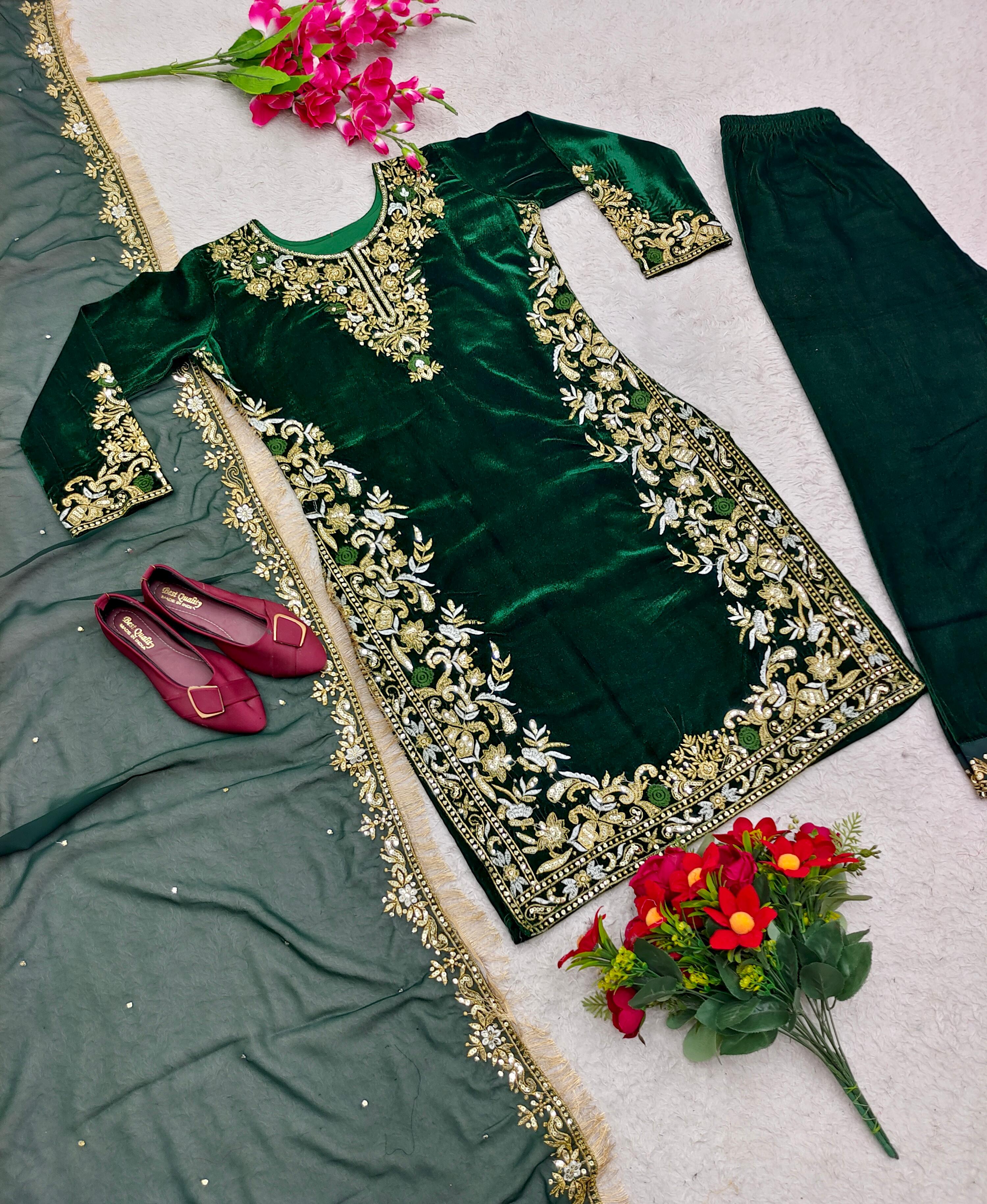 Green Color Heavy Embroidery Work Velvet Palazzo Suit