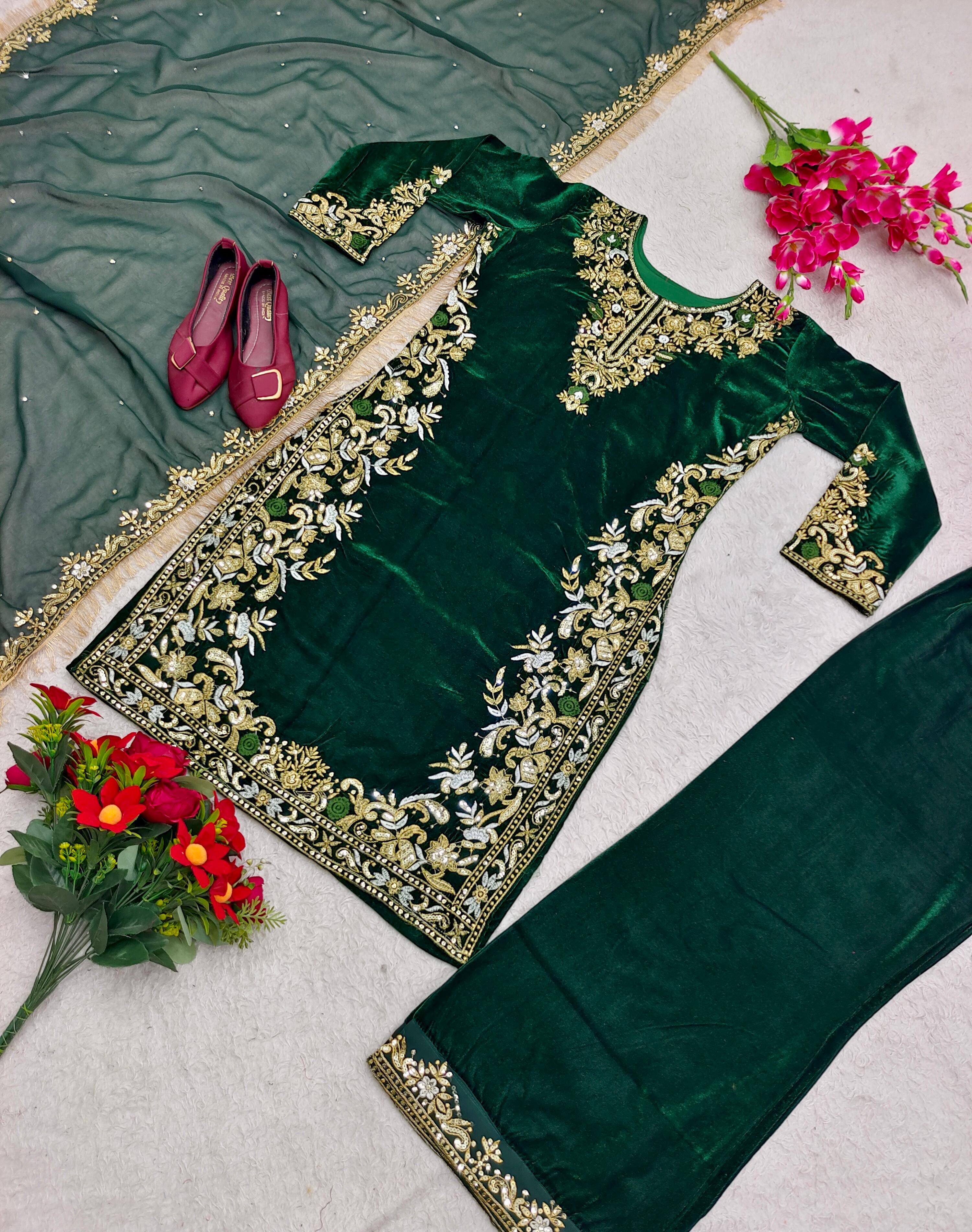 Green Color Heavy Embroidery Work Velvet Palazzo Suit