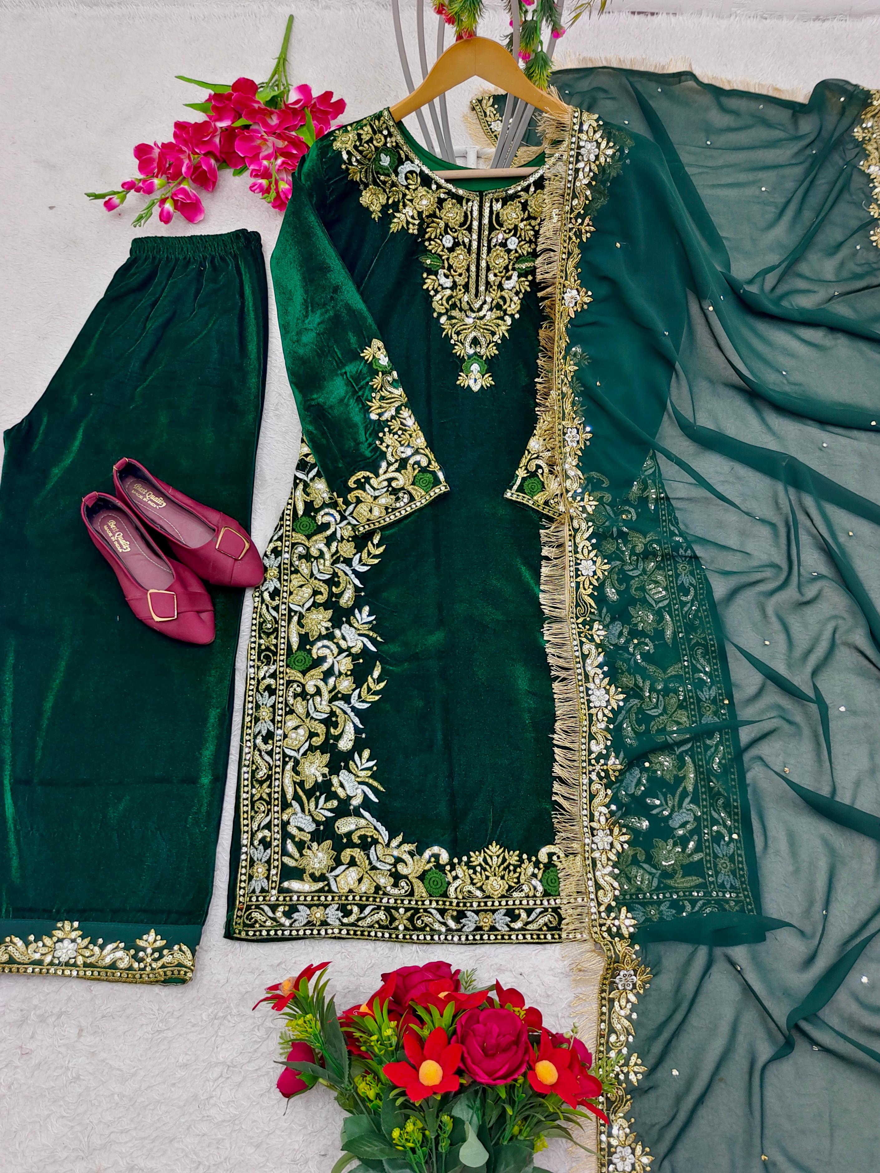 Green Color Heavy Embroidery Work Velvet Palazzo Suit