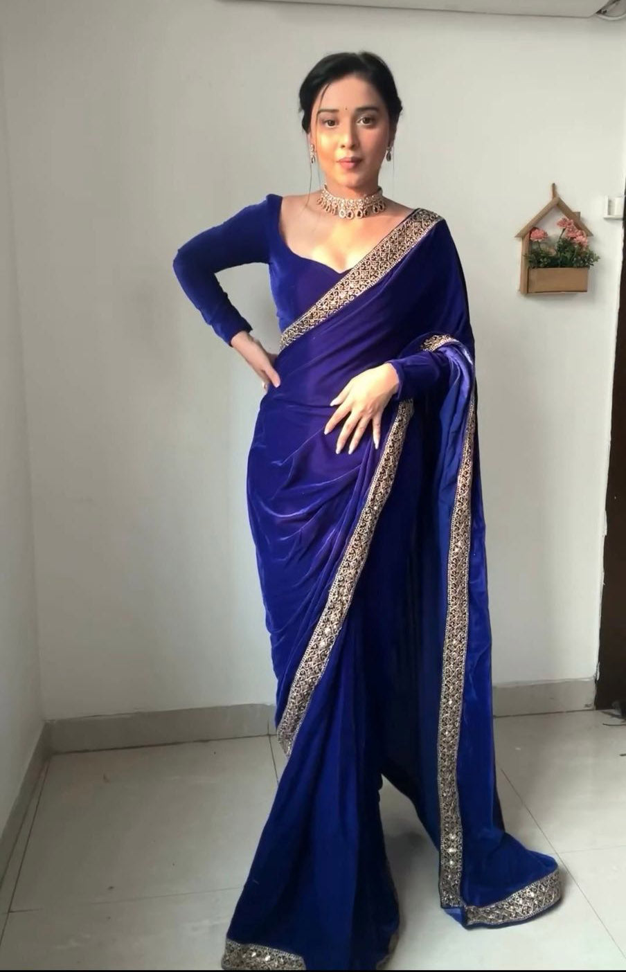 Beguiling Navy Blue Color Satin Lace Work Saree With Heavy Embroidered