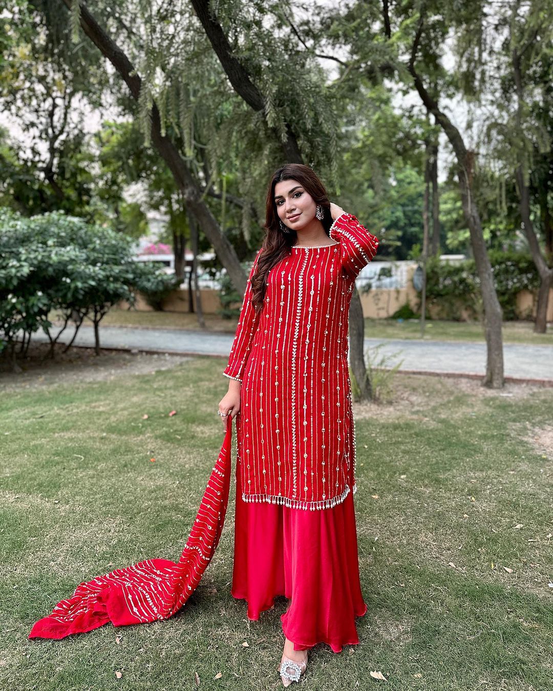 Red Color Beautiful Sequence Work Sharara Suit