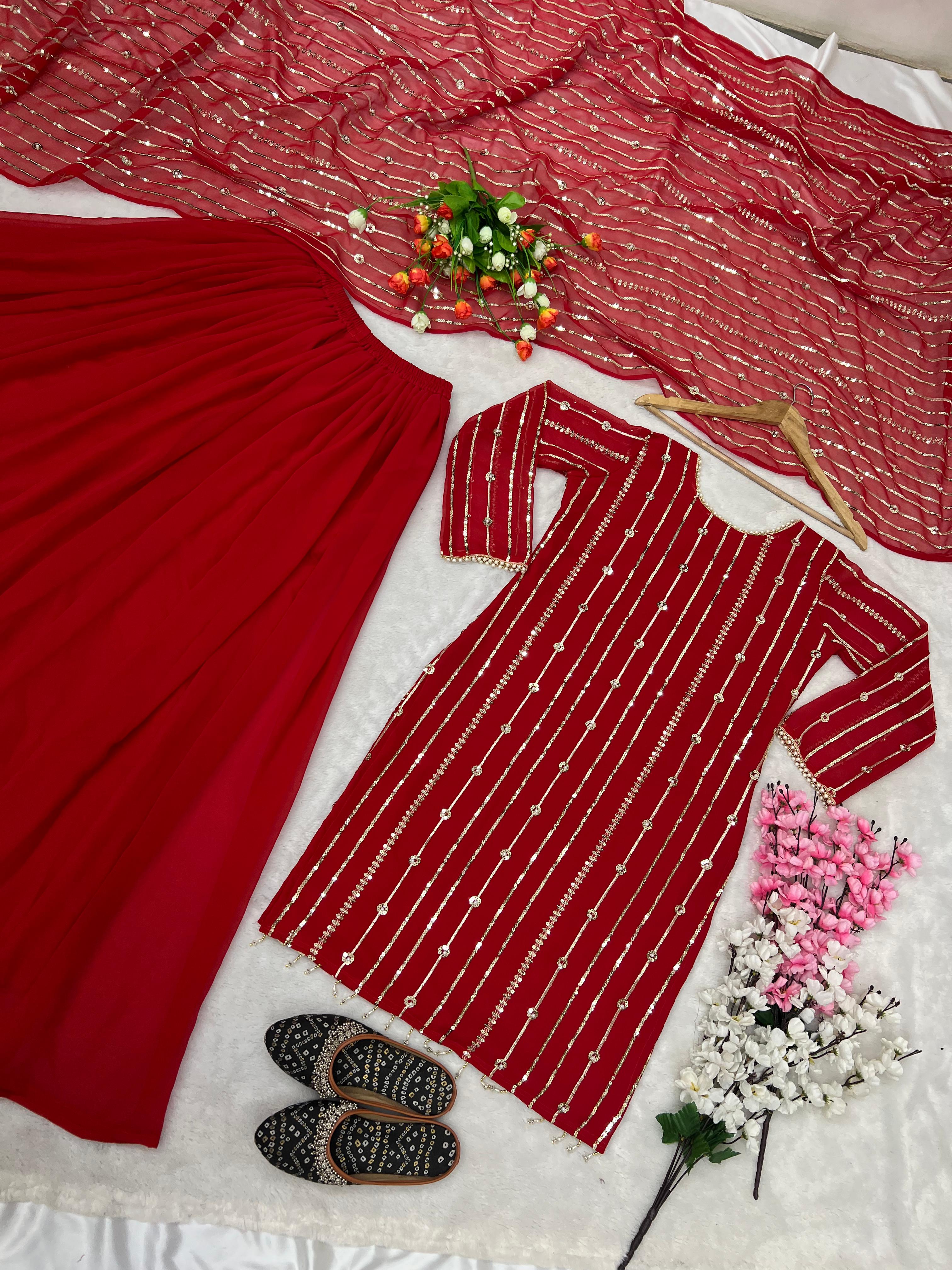 Red Color Beautiful Sequence Work Sharara Suit