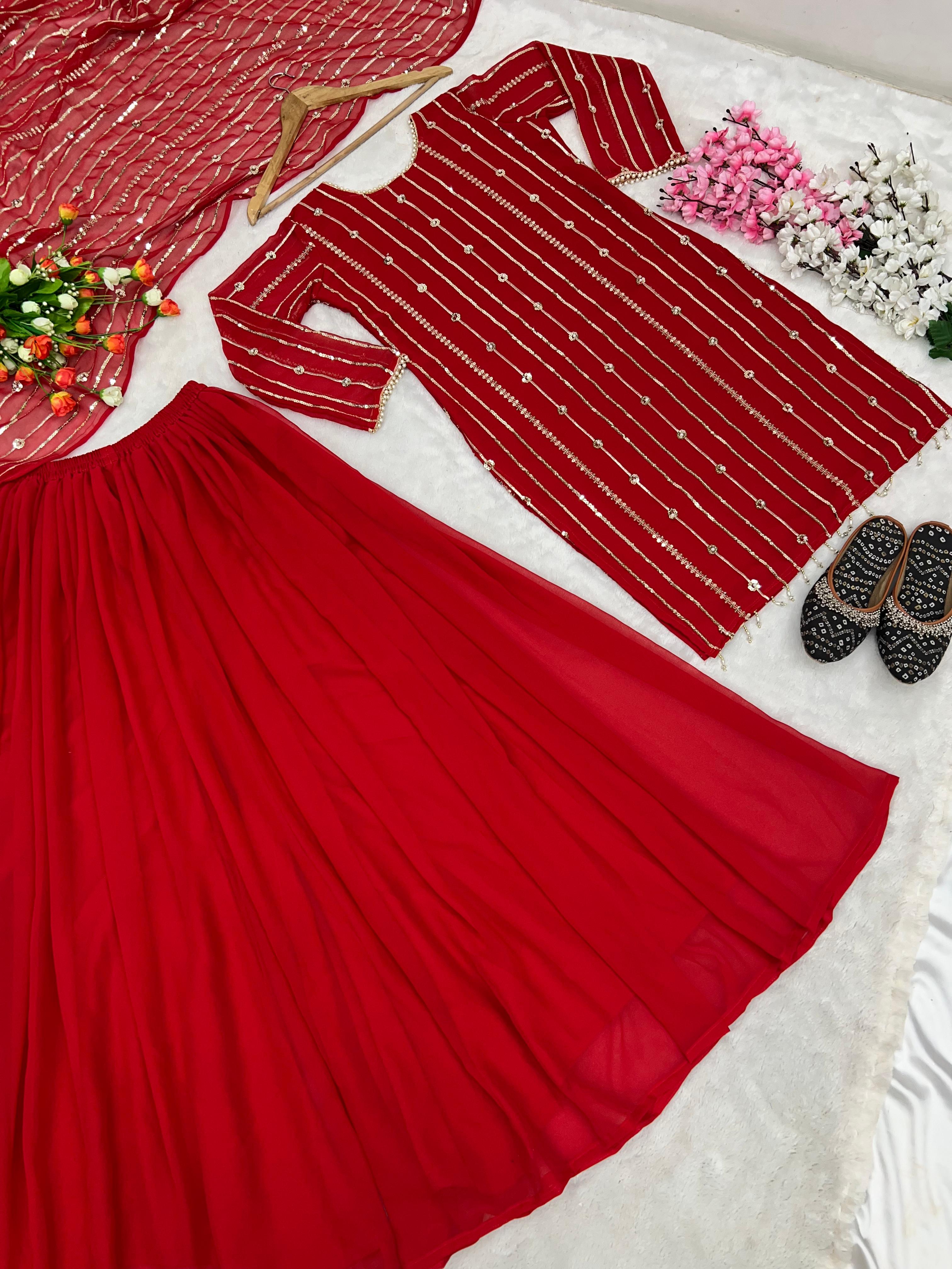 Red Color Beautiful Sequence Work Sharara Suit