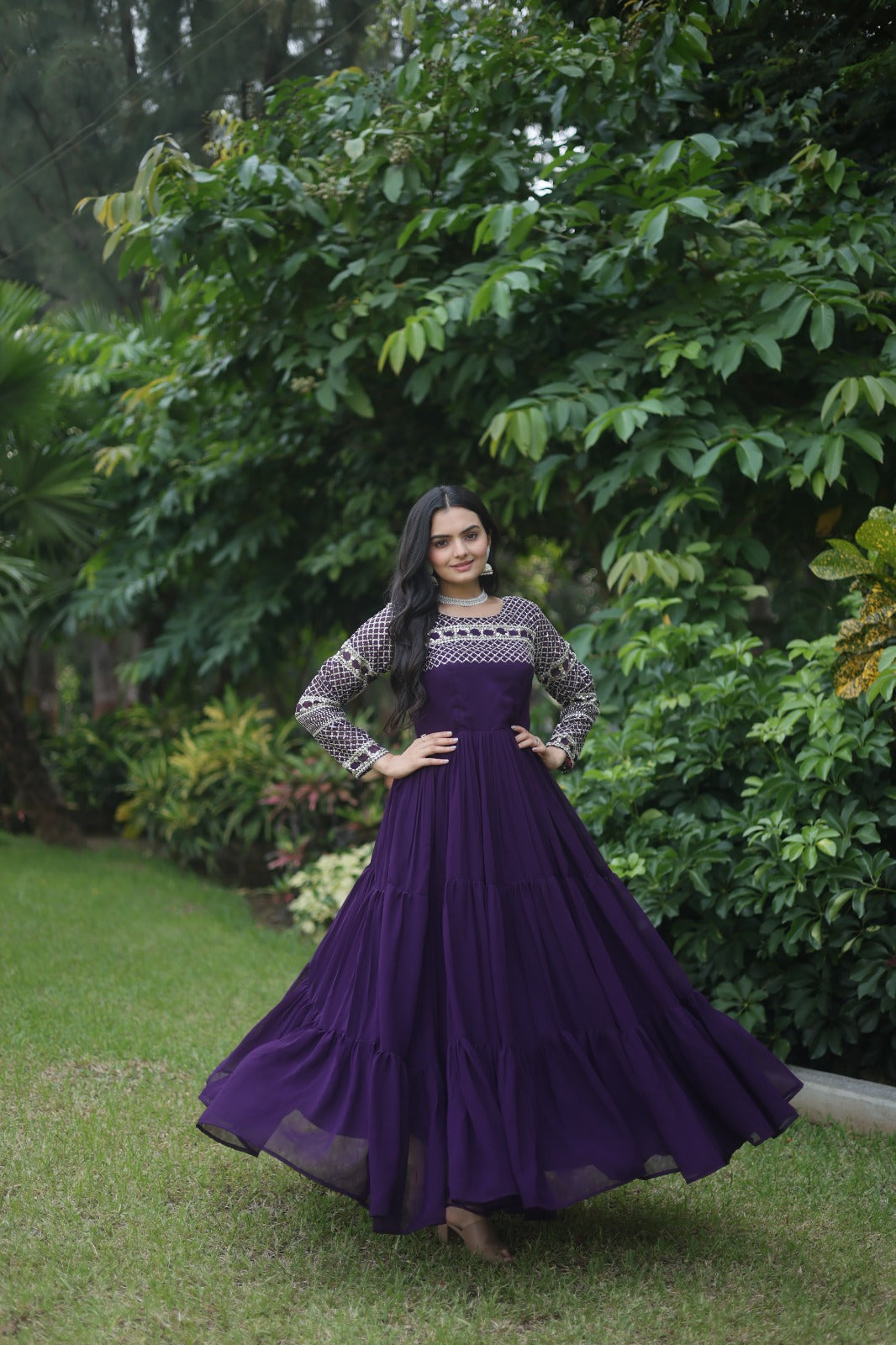 Decent Zari Thread Work Purple Color Gown