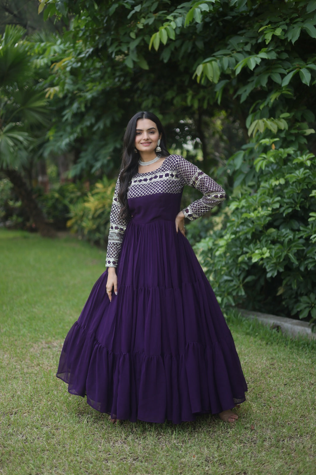 Decent Zari Thread Work Purple Color Gown