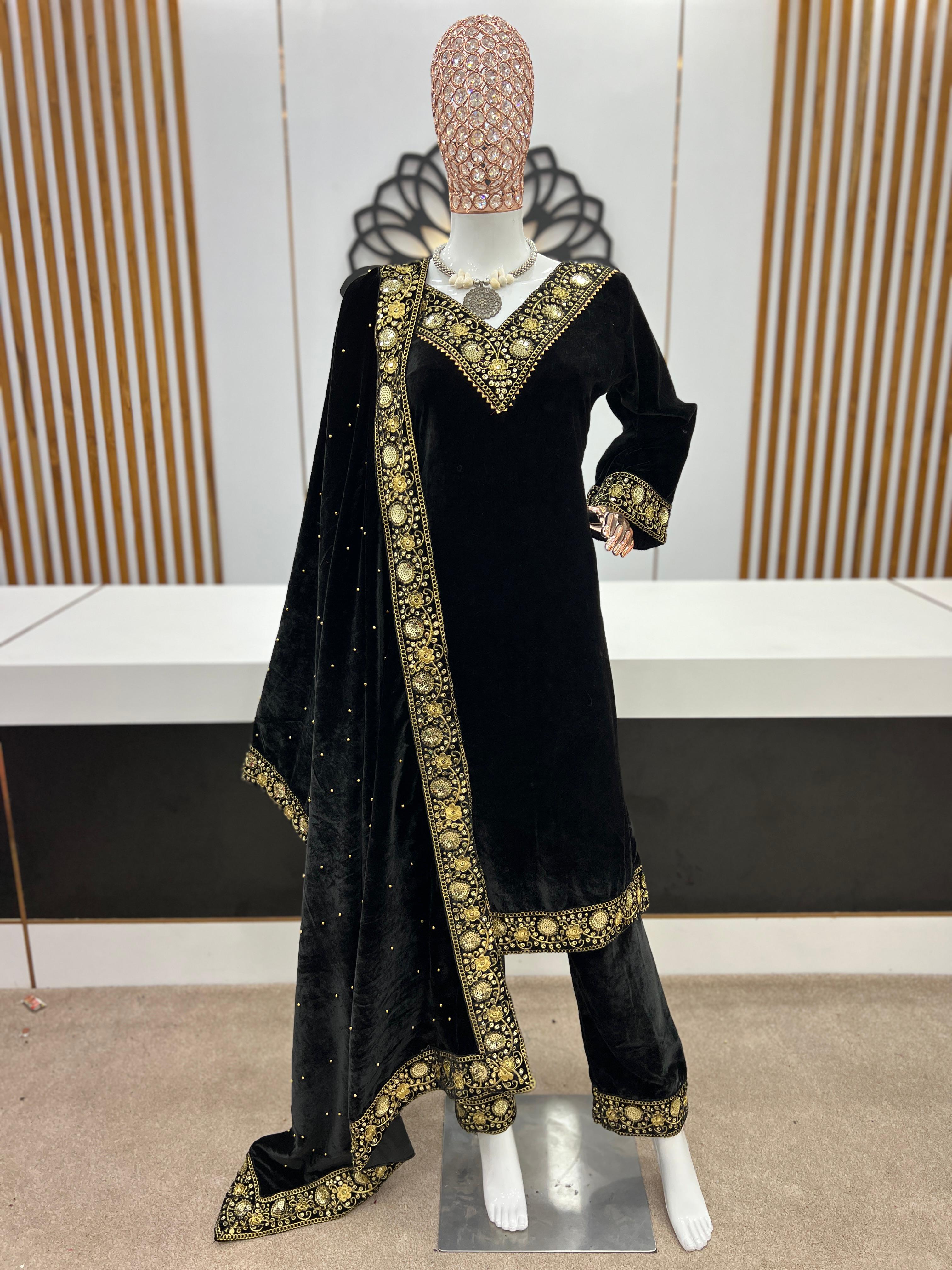 Women Winter Wear Velvet Black Color Salwar Suit