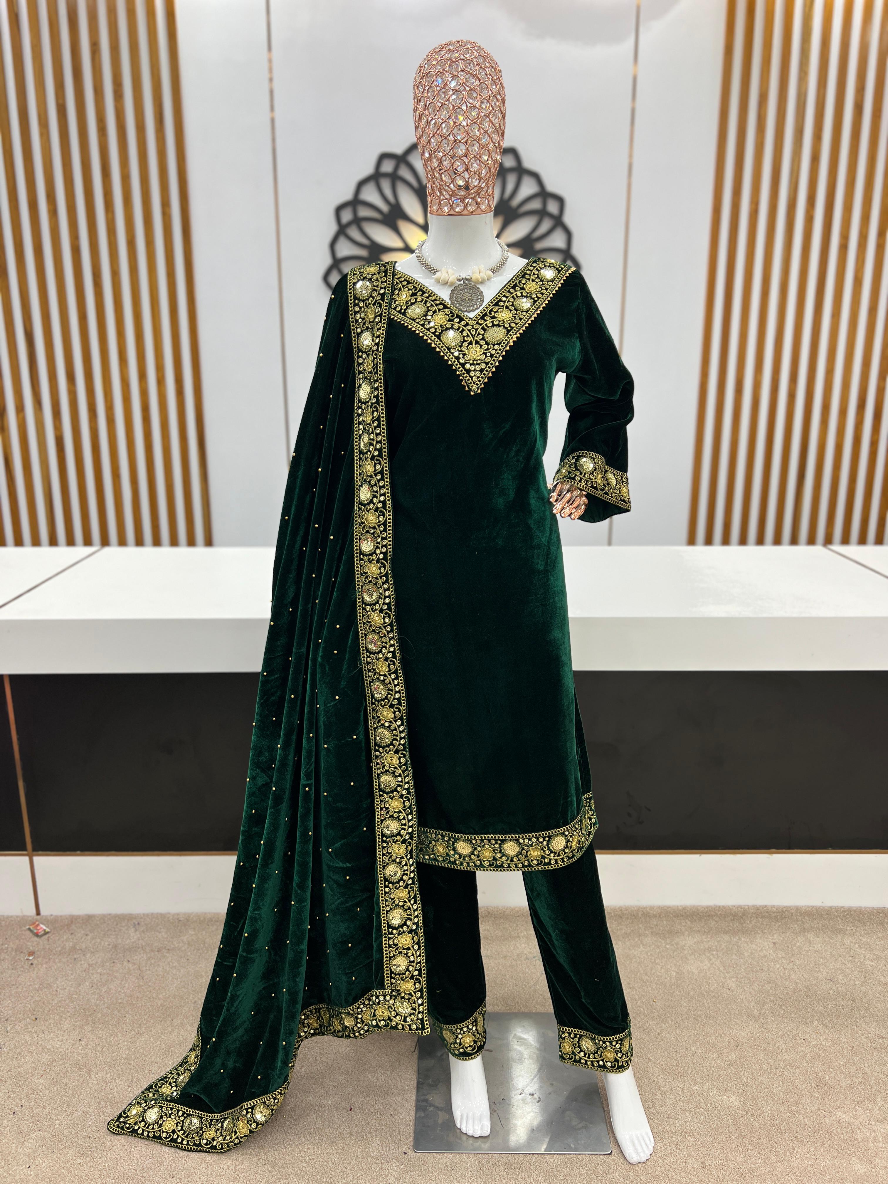 Women Winter Wear Velvet Green Color Salwar Suit