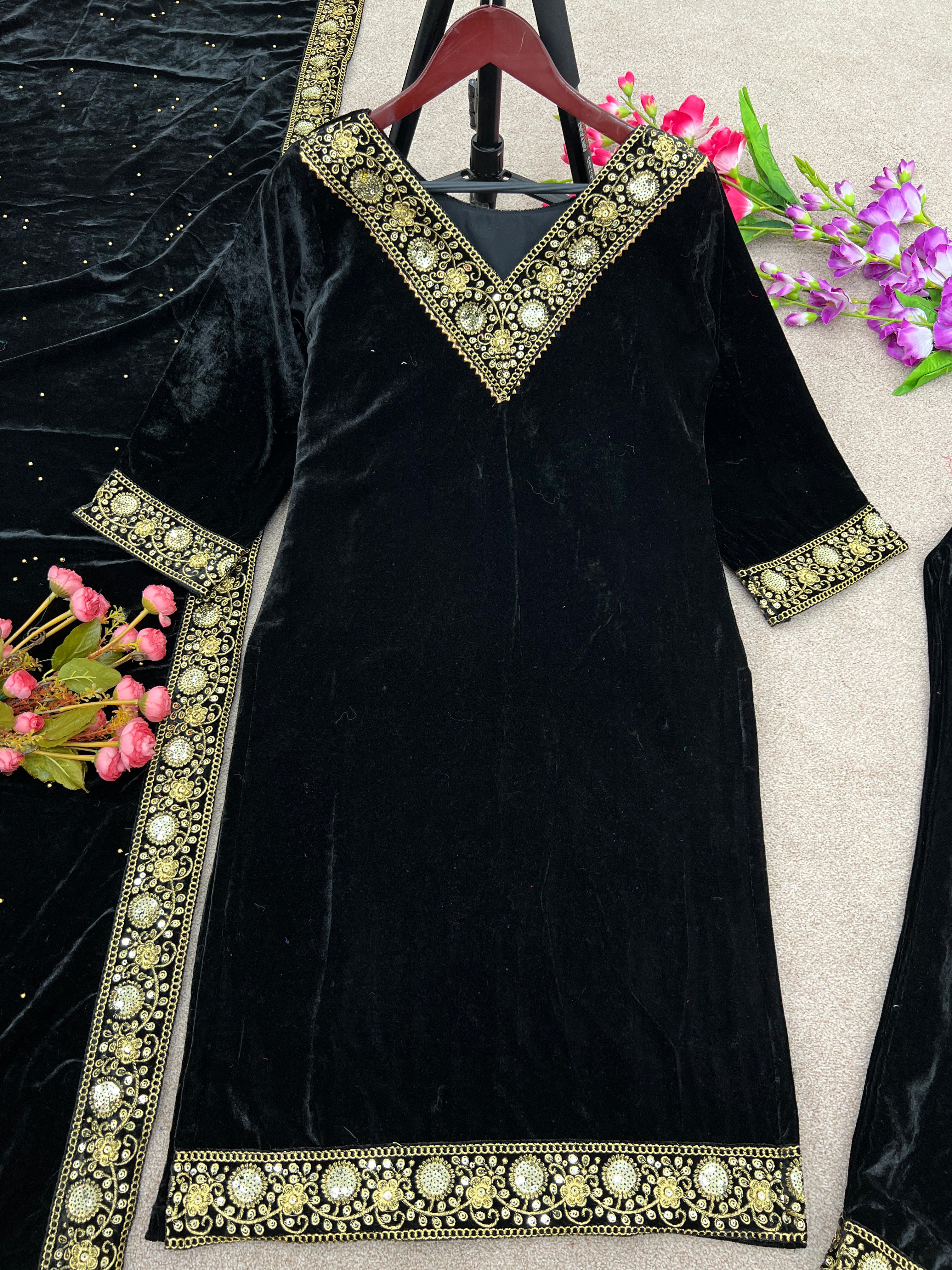 Women Winter Wear Velvet Black Color Salwar Suit