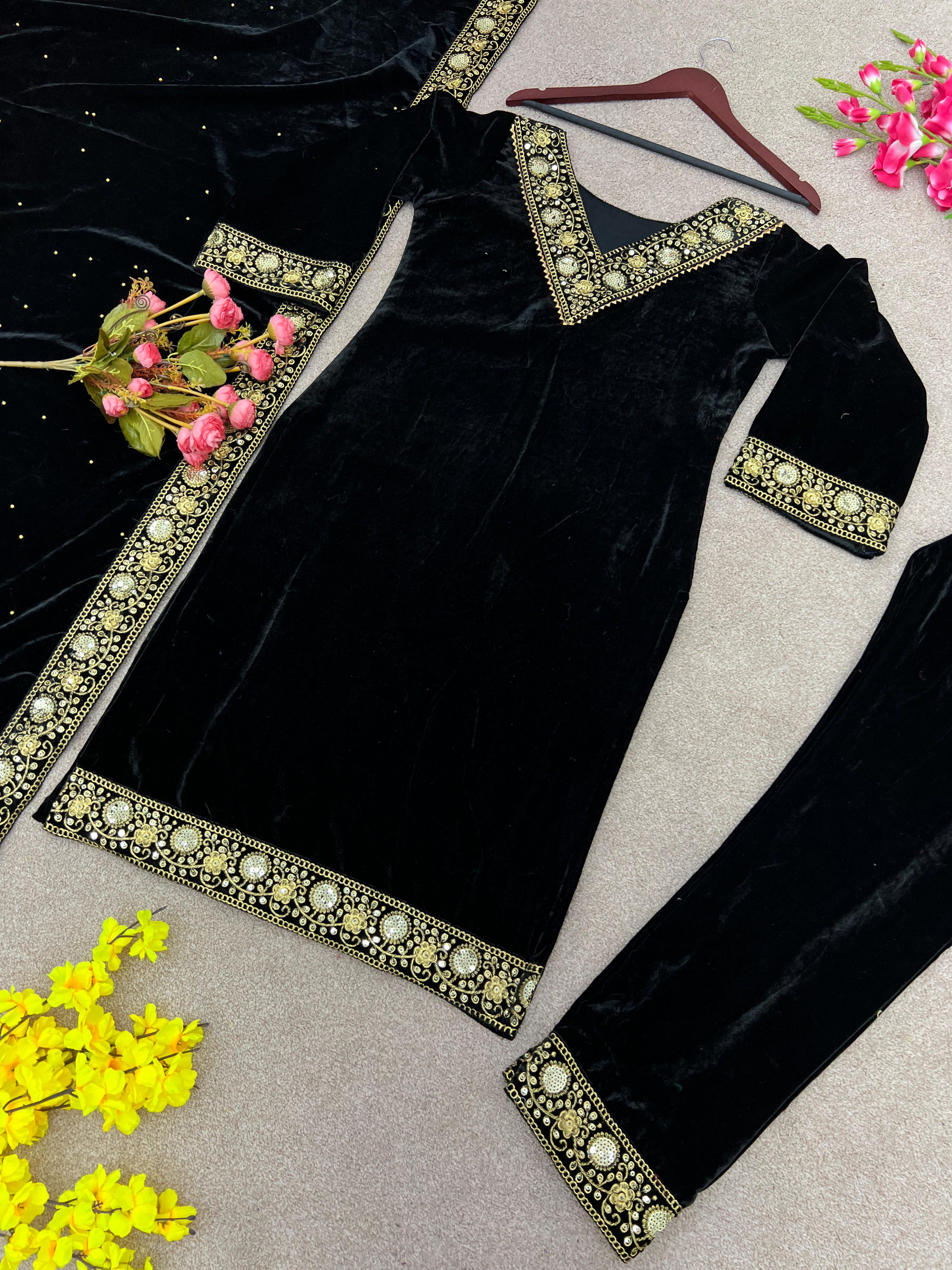 Women Winter Wear Velvet Black Color Salwar Suit