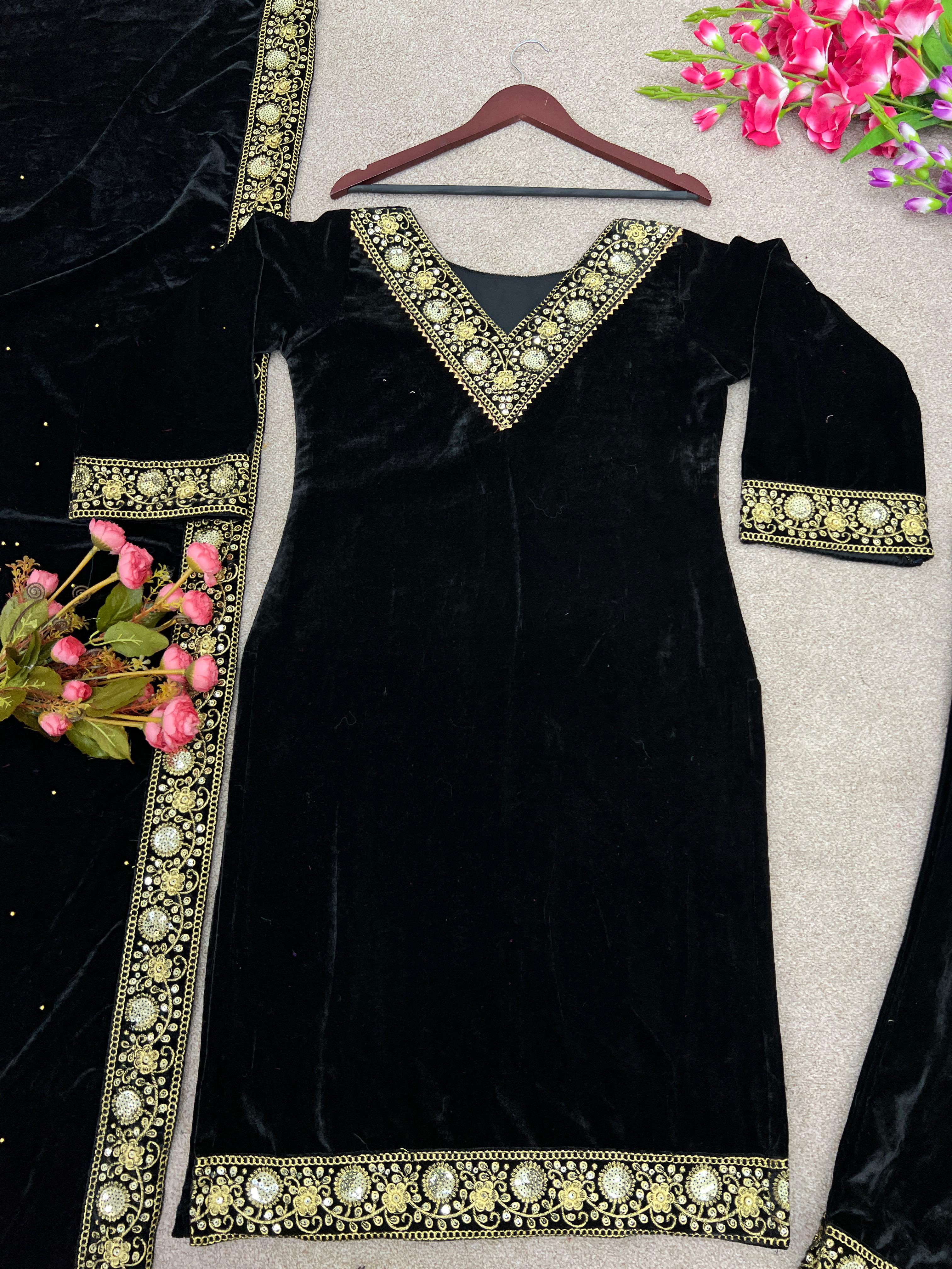 Women Winter Wear Velvet Black Color Salwar Suit