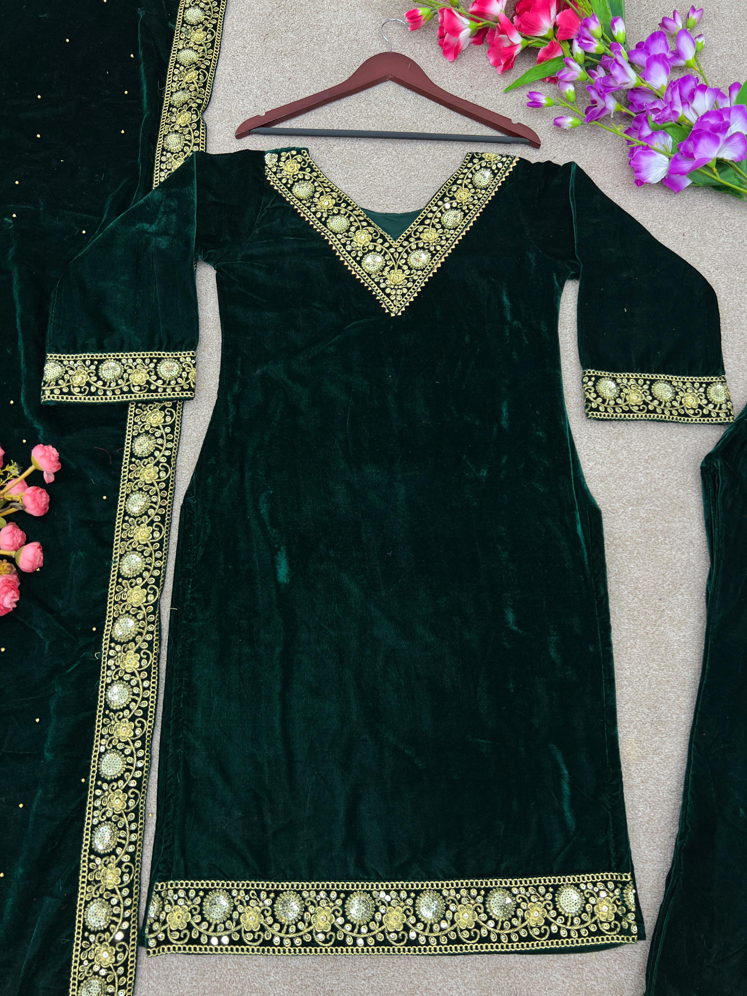 Women Winter Wear Velvet Green Color Salwar Suit