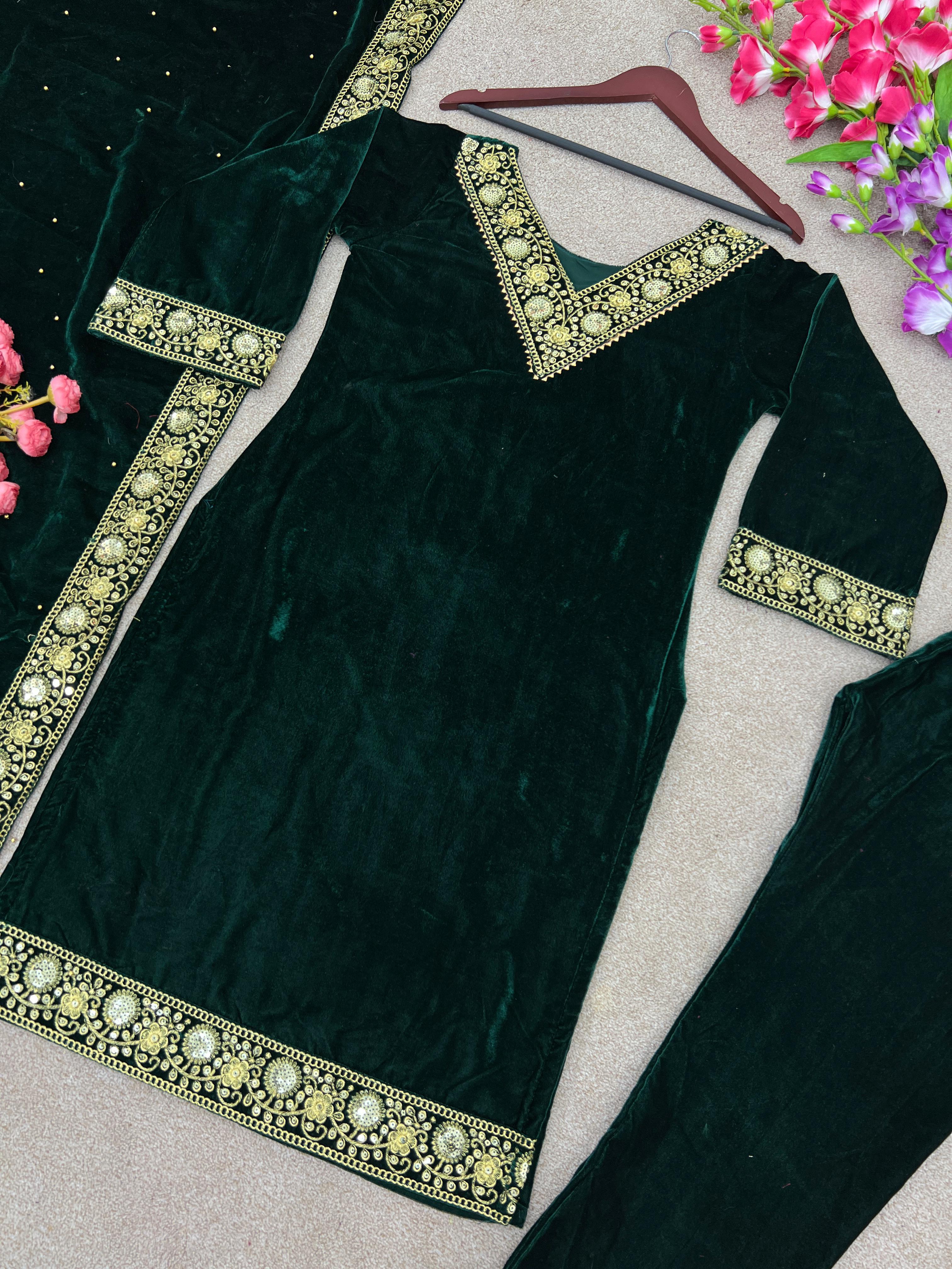 Women Winter Wear Velvet Green Color Salwar Suit