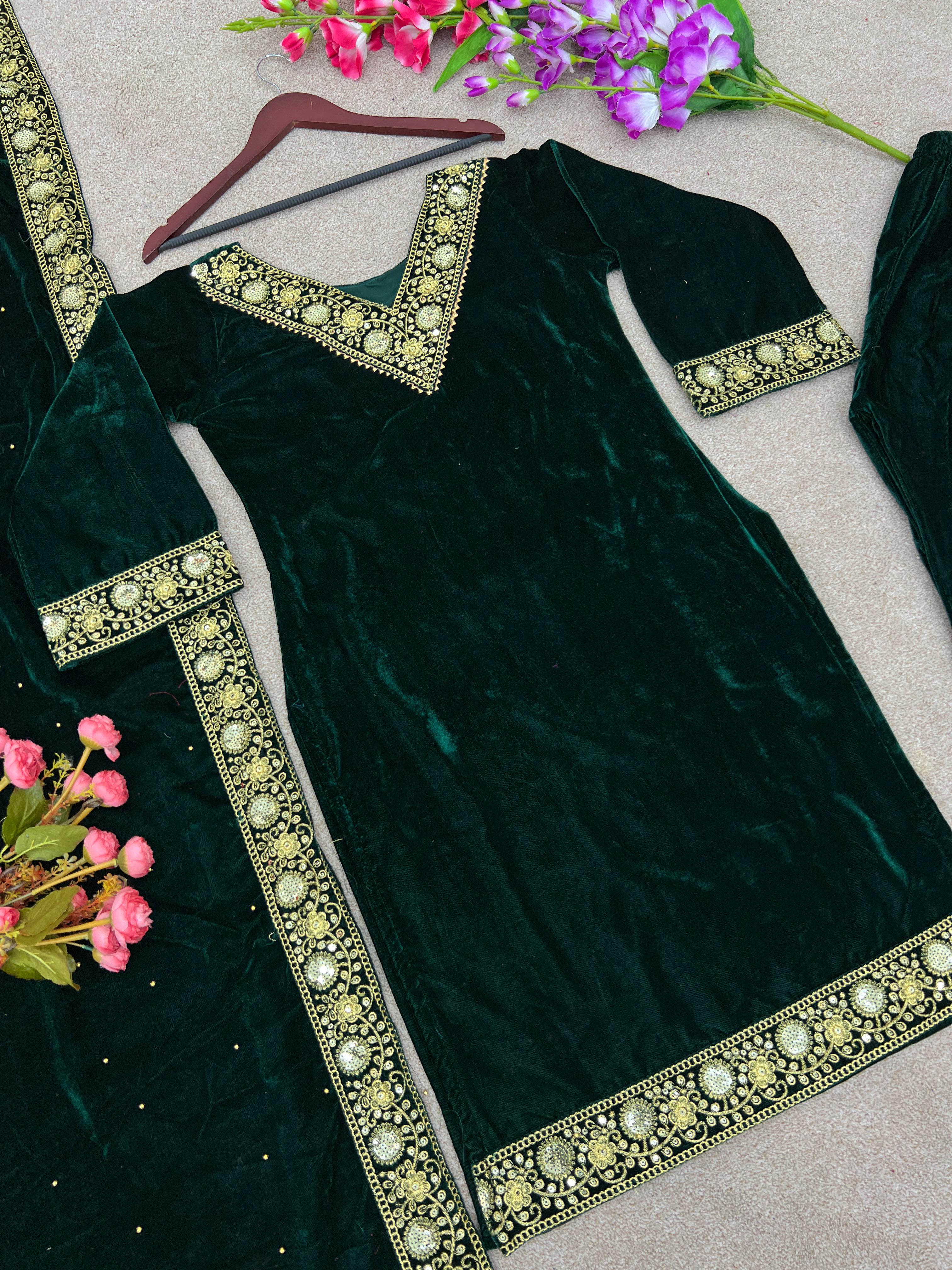 Women Winter Wear Velvet Green Color Salwar Suit