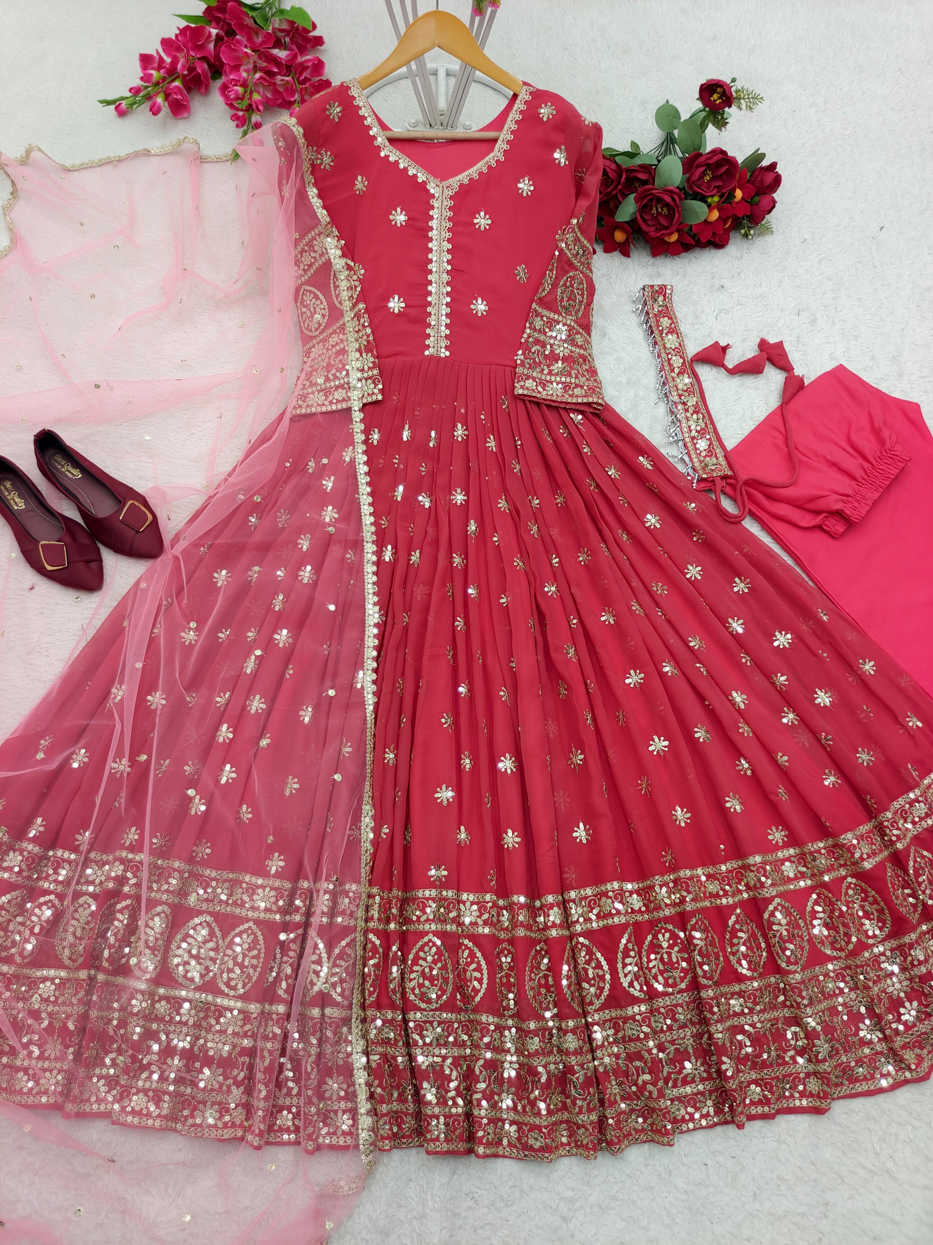 Terrific Peach Color Anarkali Gown With Net Dupatta