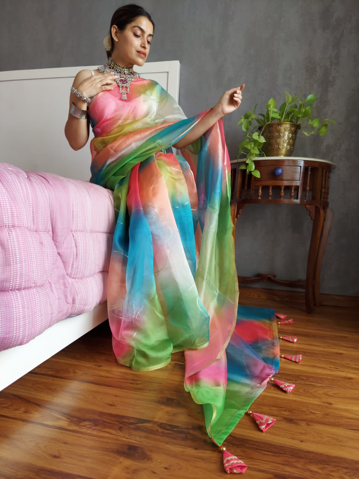 Luxuriant Organza Silk Multi Color Saree