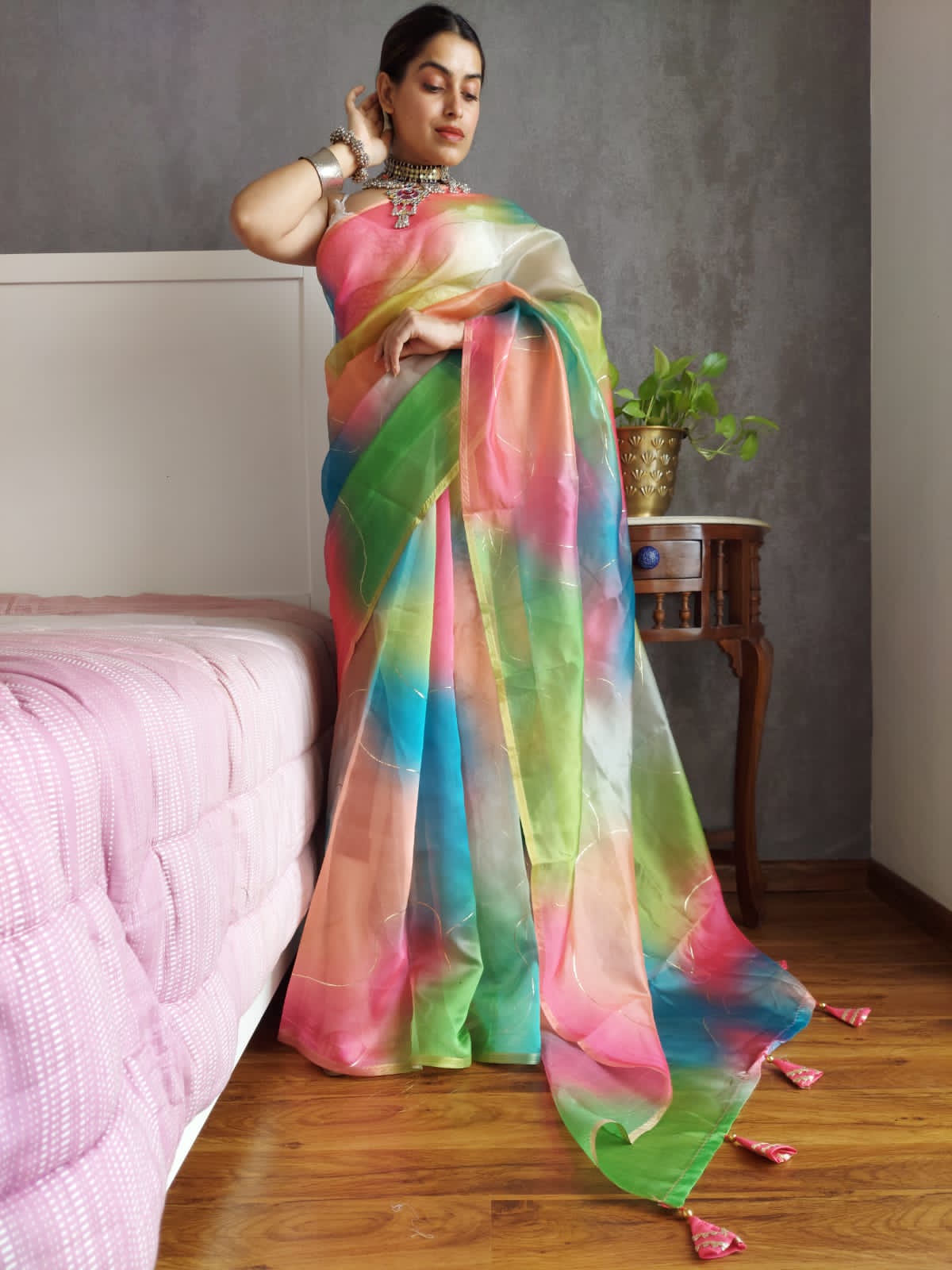 Luxuriant Organza Silk Multi Color Saree