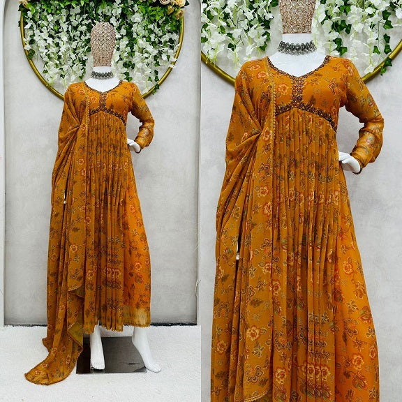 Alia Cut Mustard Color Digital Print Anarkali Gown