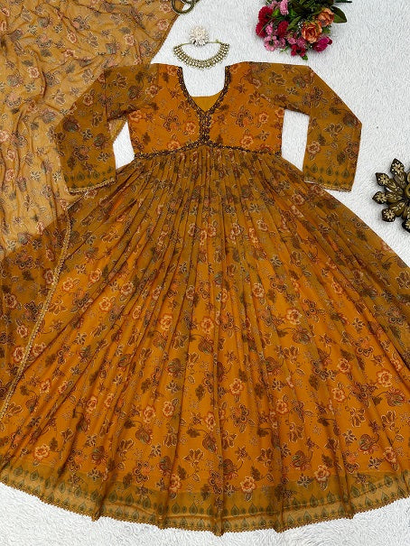 Alia Cut Mustard Color Digital Print Anarkali Gown