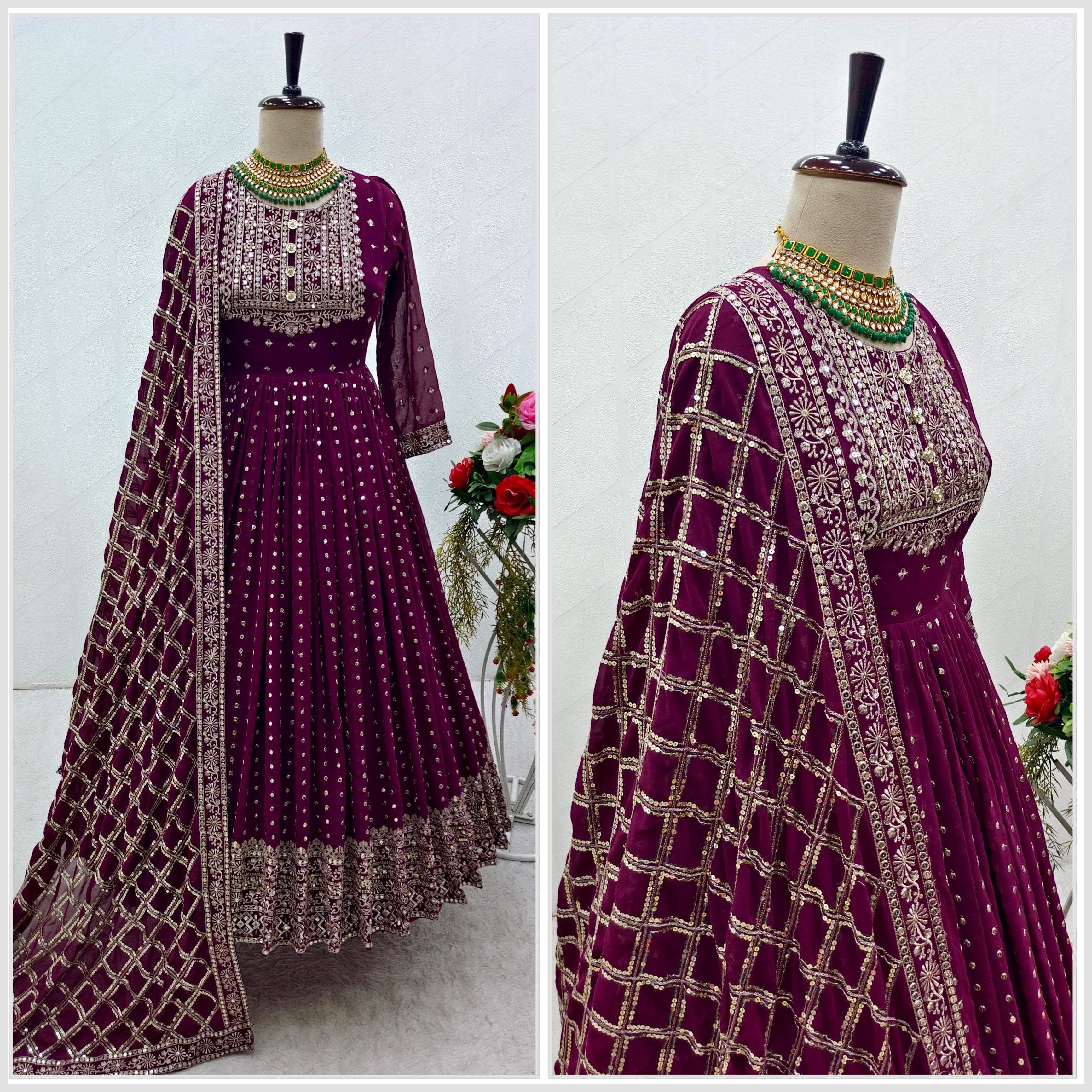 Wedding Wear Purple Embroidery Work Anarkali Gown